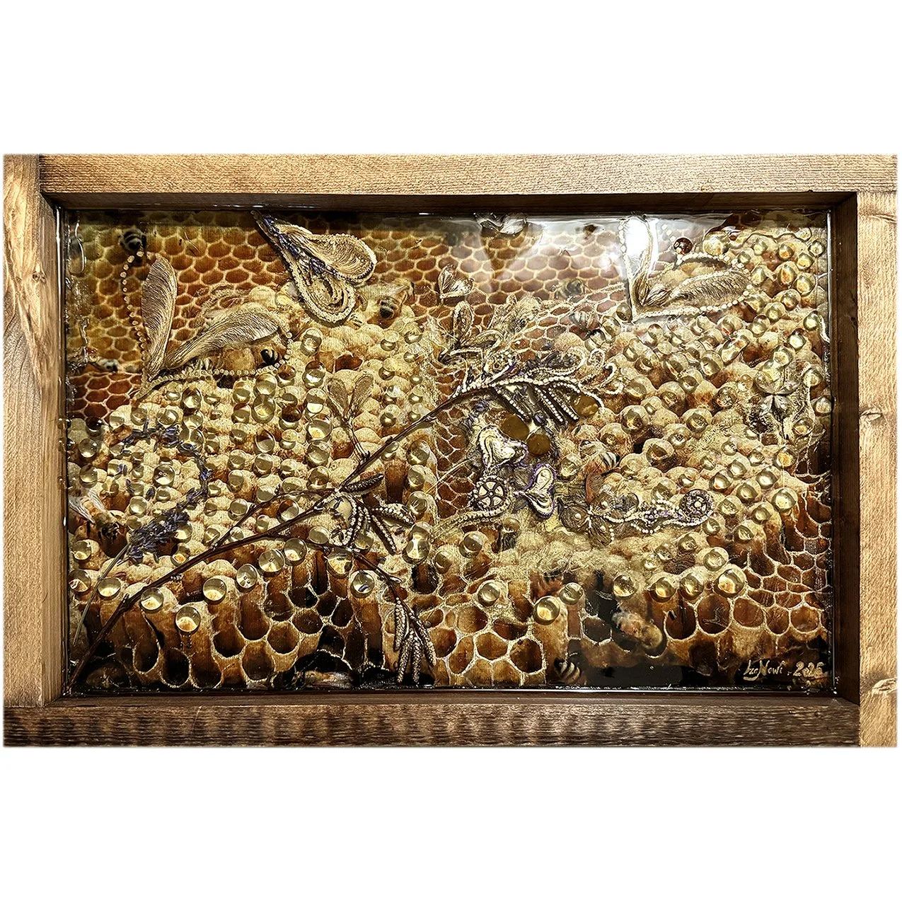 "Bee Love #1" 2024 -giclle fine art print, acrylics, nature elements, resin, encapsulated within wooden frame - 12"x18" 
