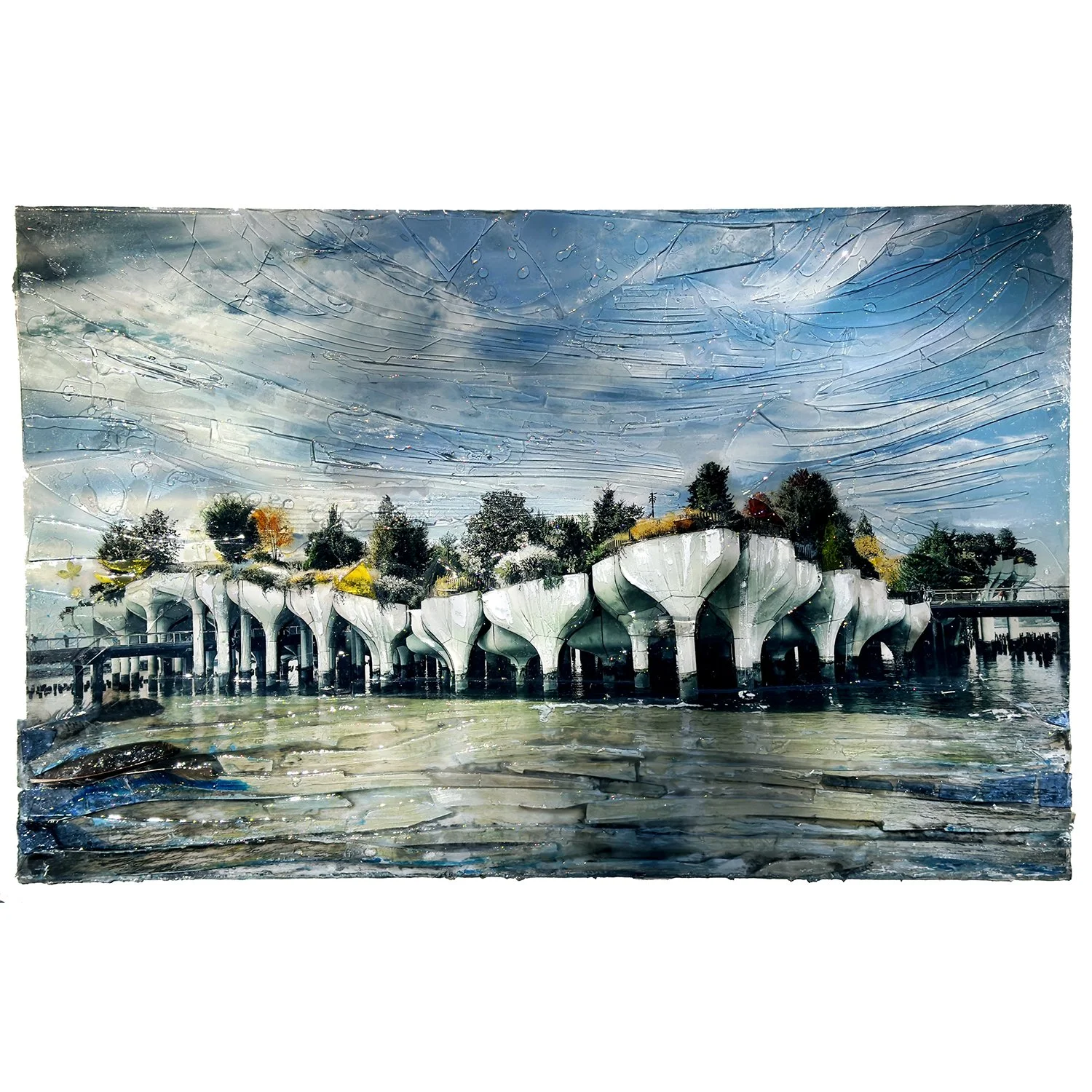 "Little Island" 2025 - giclee fine art print, nature elements, glass, inks, acrylics, encapsulated in resin - 24"x36"