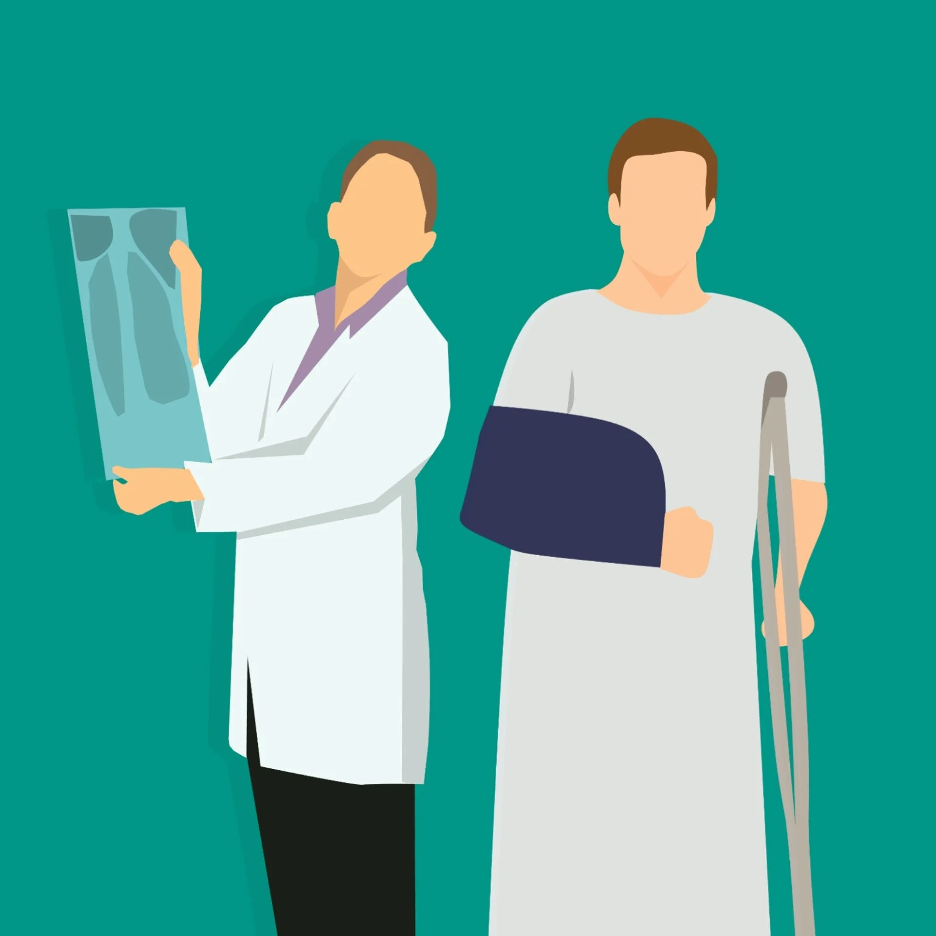 Illustration of two people, one is a doctor holding an X-ray and the other is a patient with a broken arm in a cast using crutches.