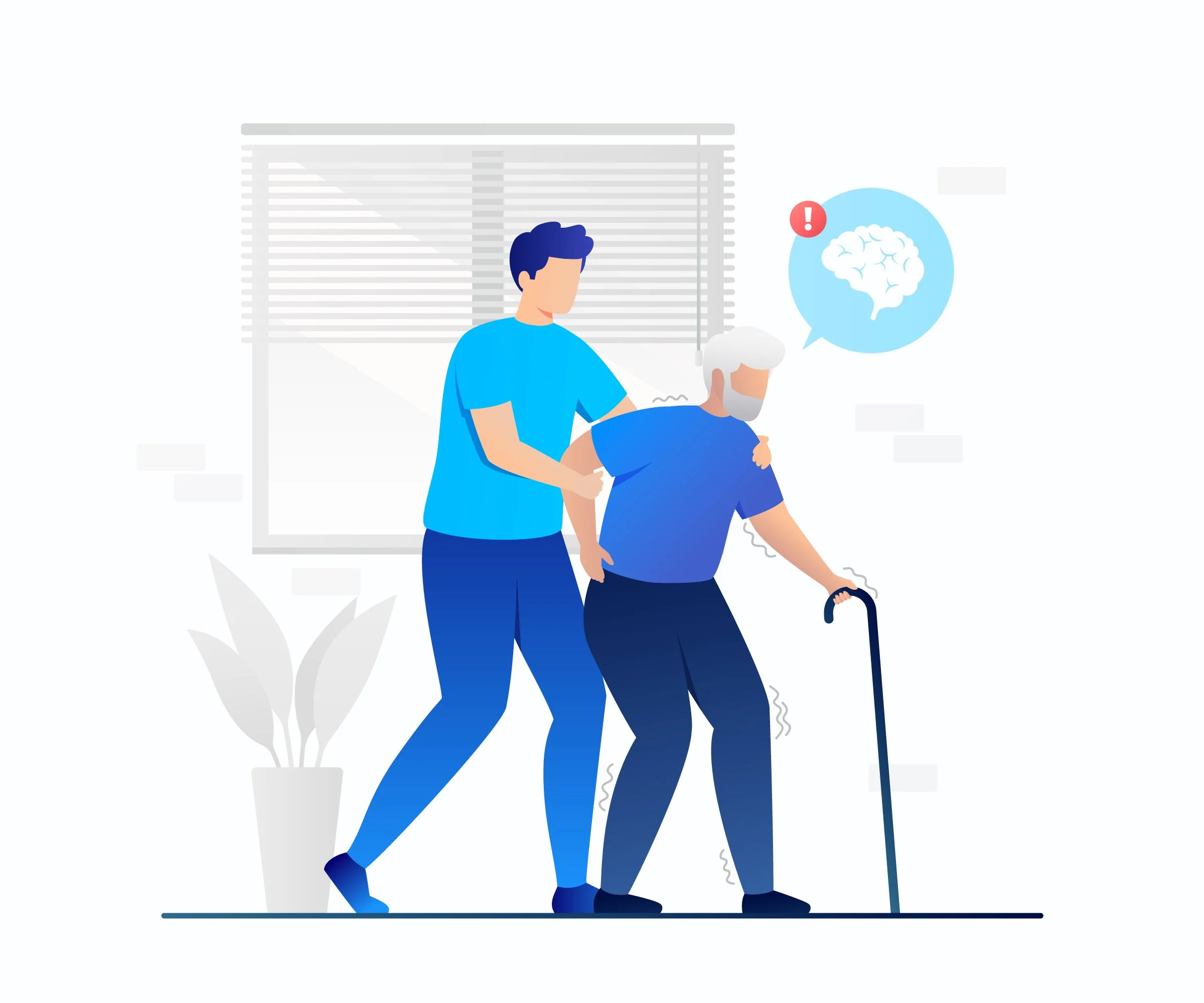 A young man helping an elderly man with a cane, who appears to be unsteady, inside a room with a window and a potted plant. The elderly man has a speech bubble with a brain symbol and an exclamation mark, indicating concern about his health.