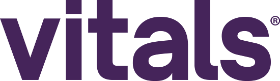 The word "vitals" in large purple letters on a black background.