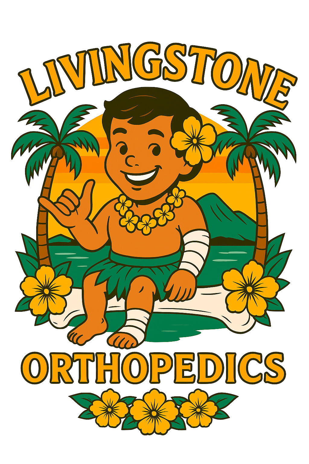 A cartoon character with tan skin, short dark hair, a yellow hibiscus flower in hair, wearing a green grass skirt, necklace, and arm band, sitting on a tropical beach with two palm trees, mountains, and a sunset in the background, surrounded by yellow hibiscus flowers and the text 'Livingston Orthopedics'.