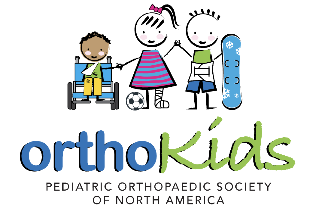 Logo for OrthoKids, a Pediatric Orthopaedic Society of North America, featuring three cartoon children with disabilities holding hands and various sports equipment.