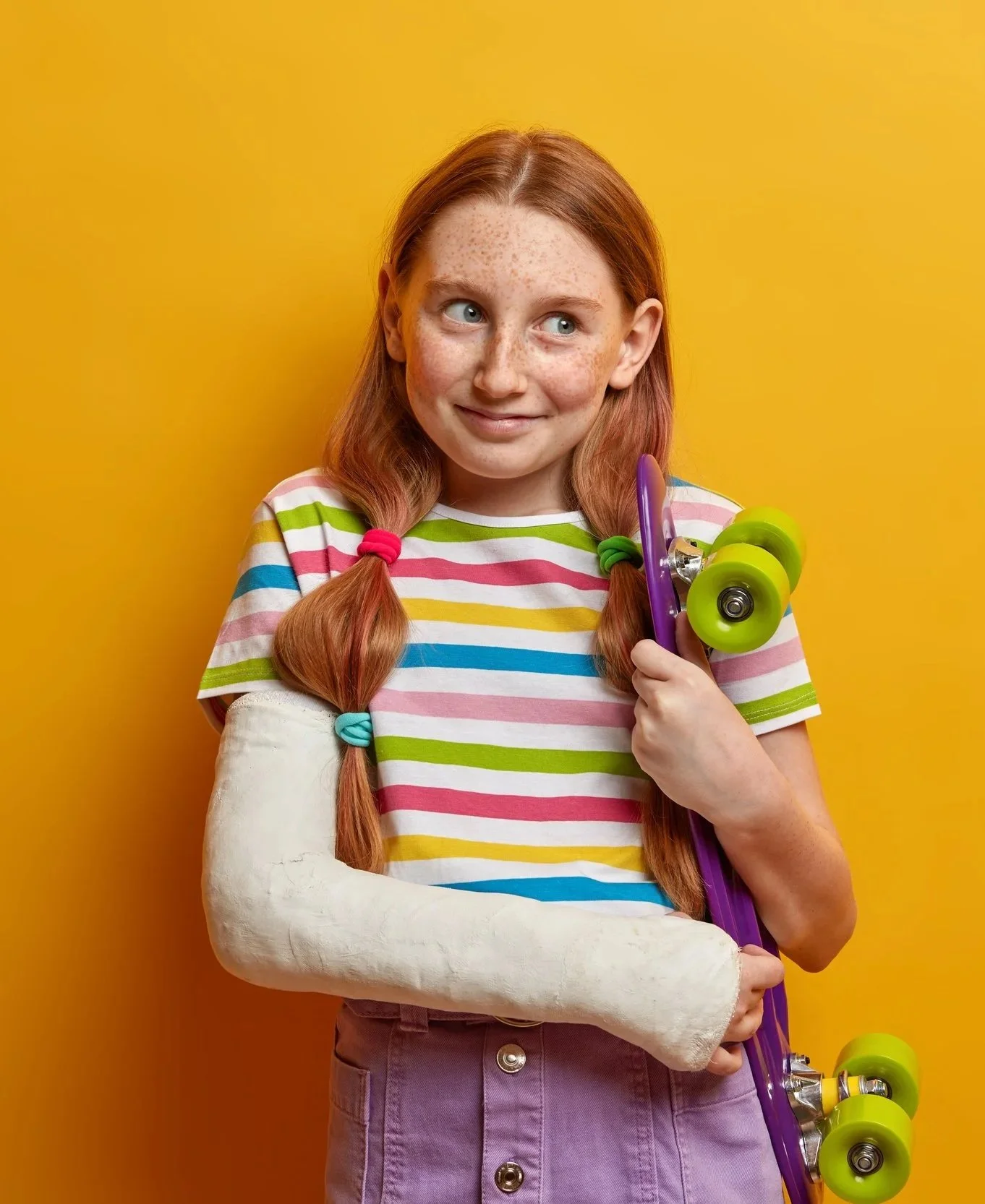 A young girl with red hair, blue eyes, and freckles, smiling at the camera, holding a purple skateboard with green wheels, standing against a yellow background.