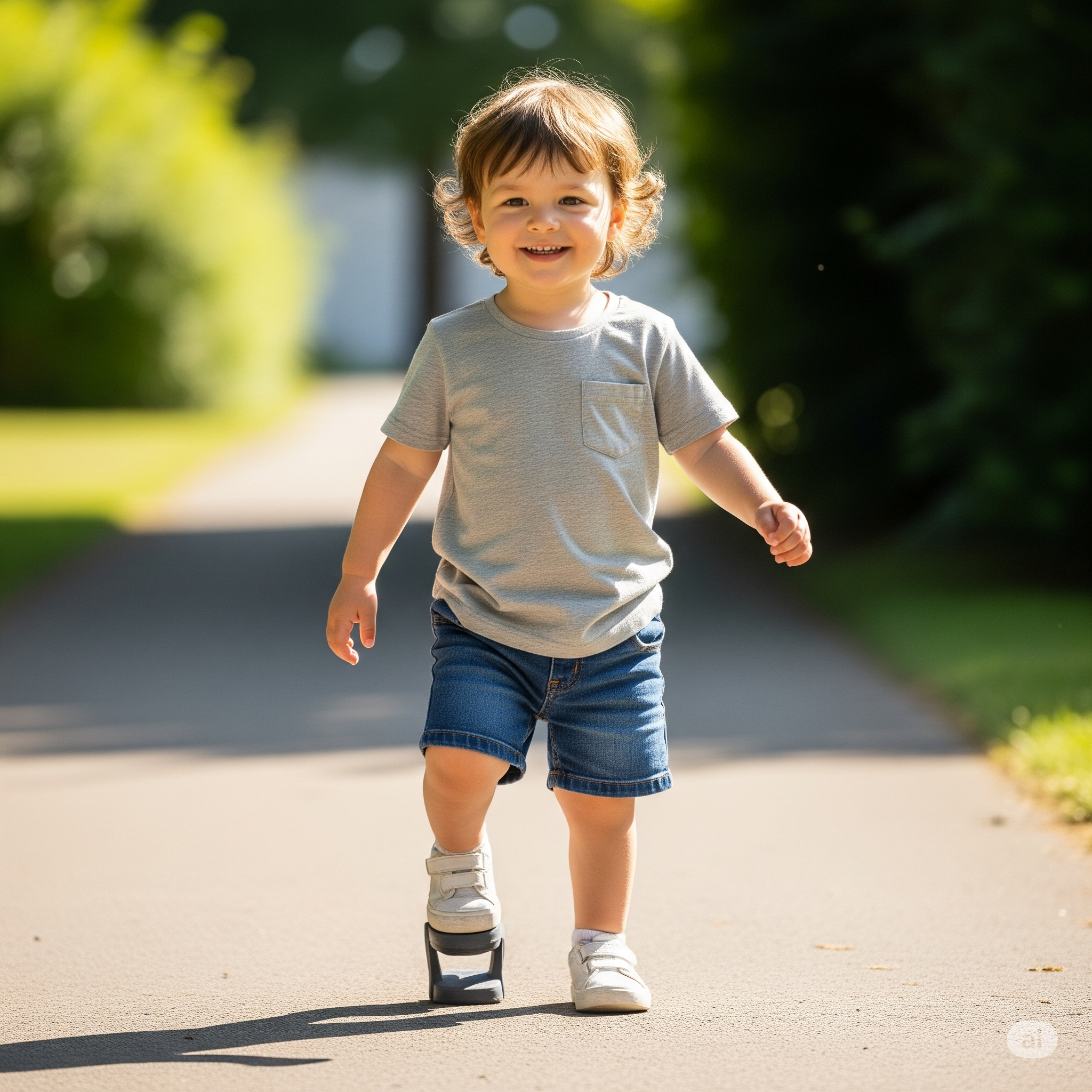 A young boy with curly hair smiling while balancing on a skateboard on a paved path surrounded by green trees and grass.