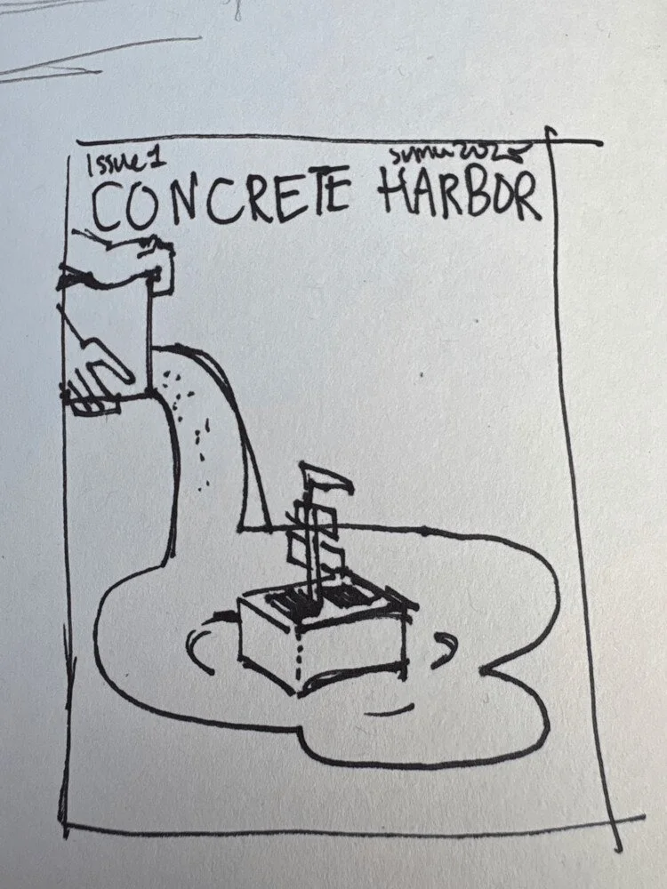 A rough sketch we made while brainstorming our Issue 1 cover.