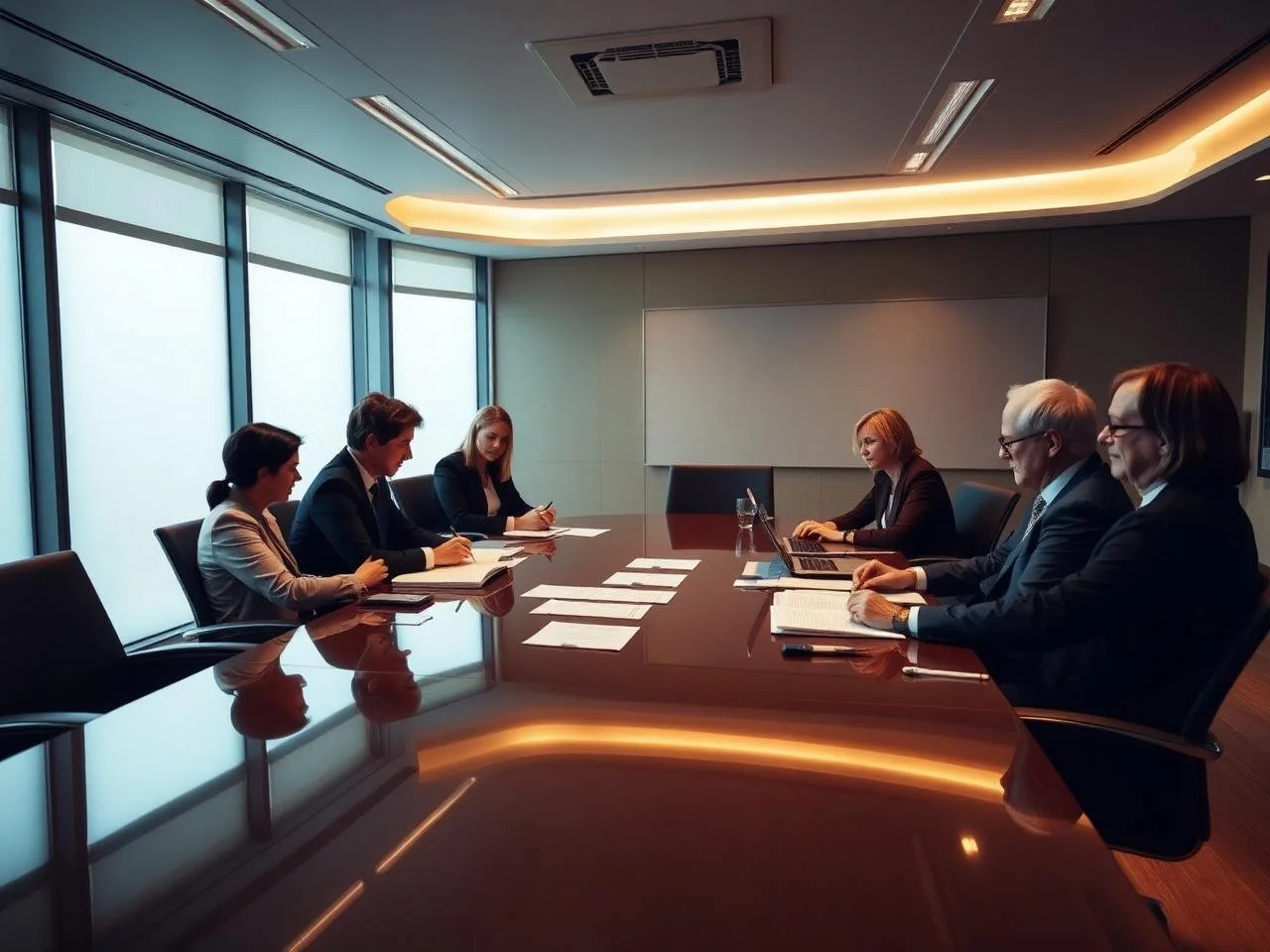 Business meeting with six professionals sitting around a conference table in a modern office, some taking notes, with large windows in the background.
