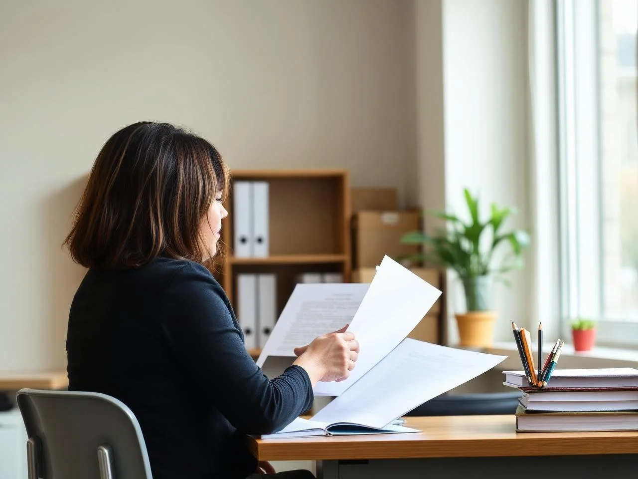 A woman with shoulder-length brown hair sitting at a desk, reading documents, in a well-lit office with plants, books, and a window.