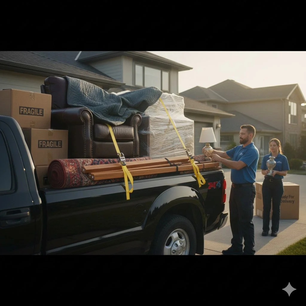 People unloading packed furniture and boxes from a black pickup truck parked in a residential neighborhood at sunset.