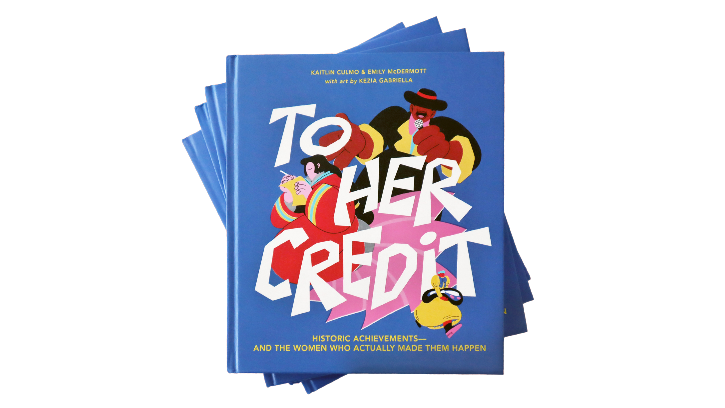 Stack of colorful children's books titled 'To Her Credit' with cartoon illustrations of women and a man on the cover, set against a black background.