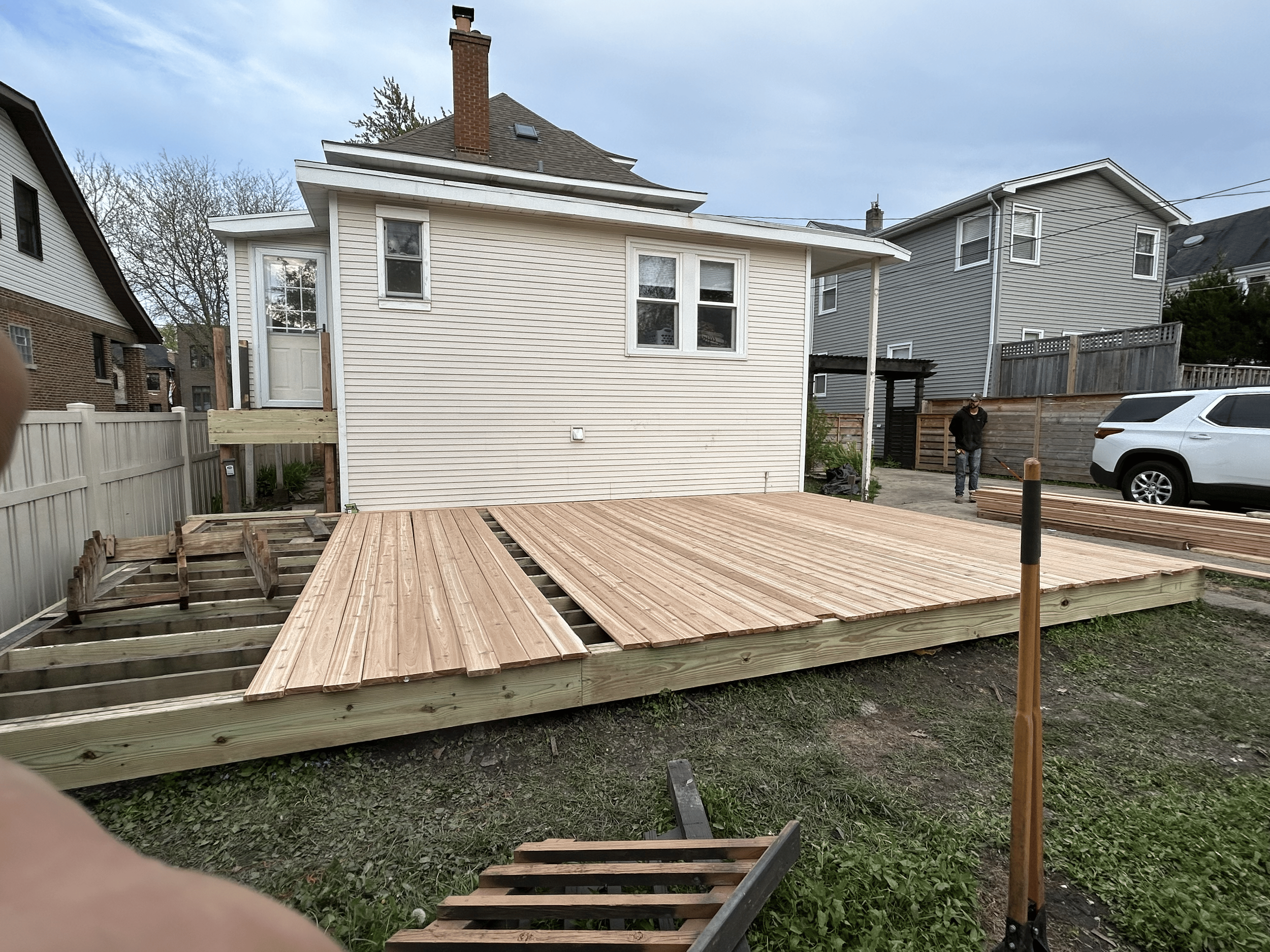 Custom deck building in progress in Lake County.
