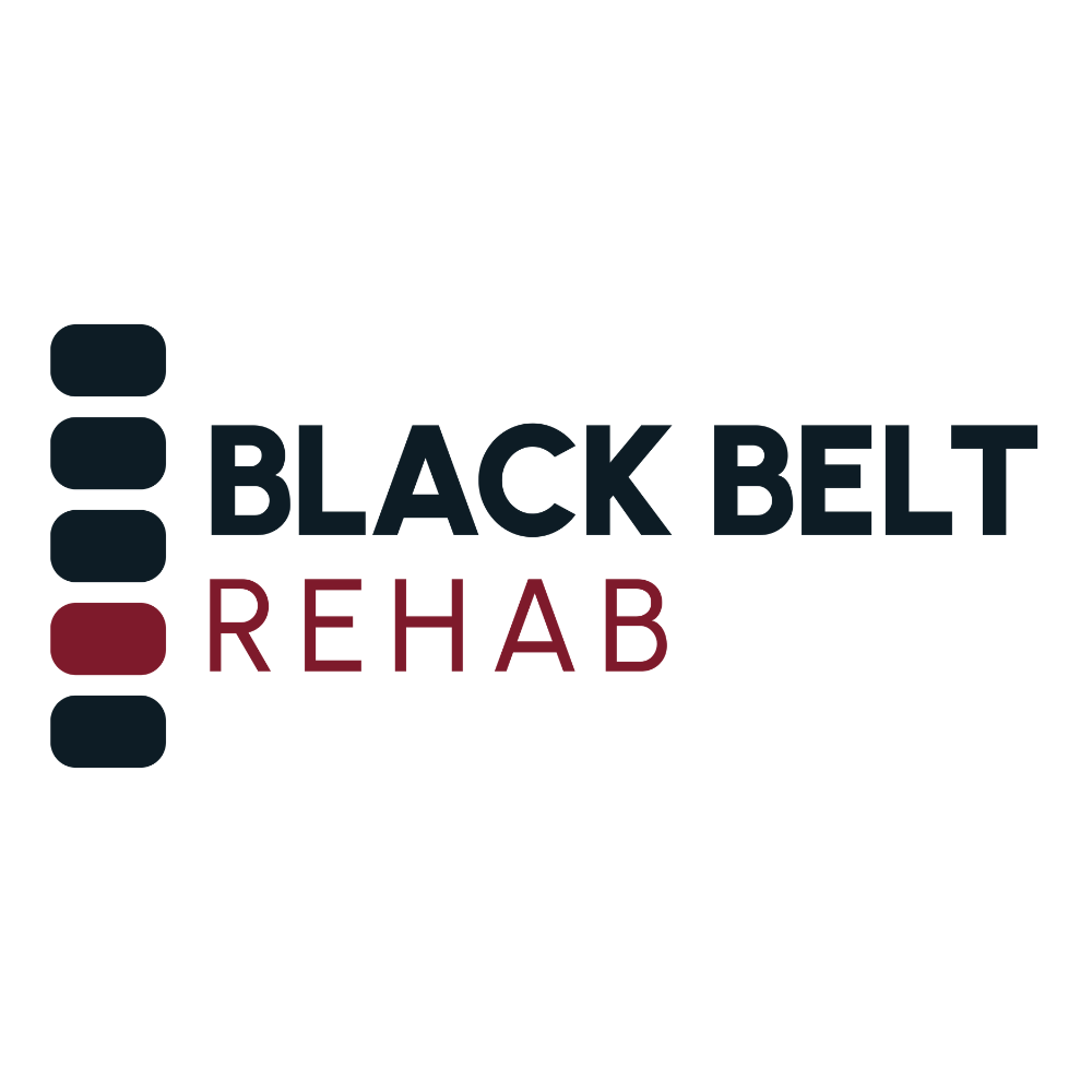 Logo for Black Belt Rehab featuring a black belt icon and the company name in black and maroon text.