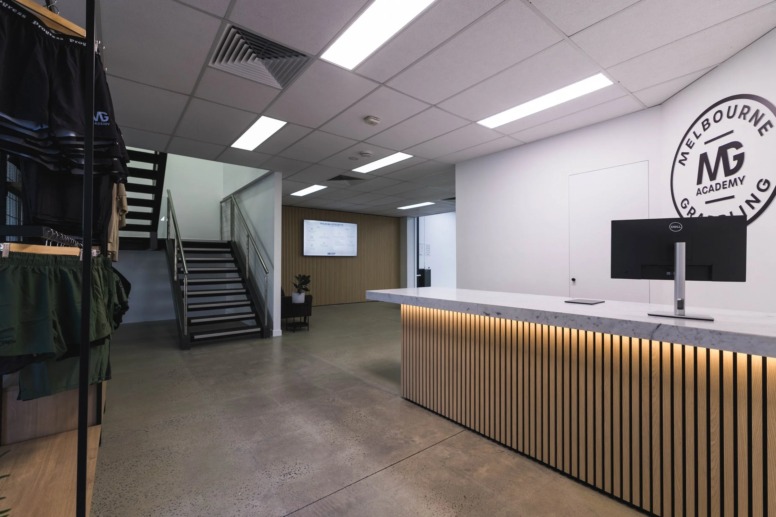 Reception, apparel shop and lounge area at Melbourne Grappling Academy