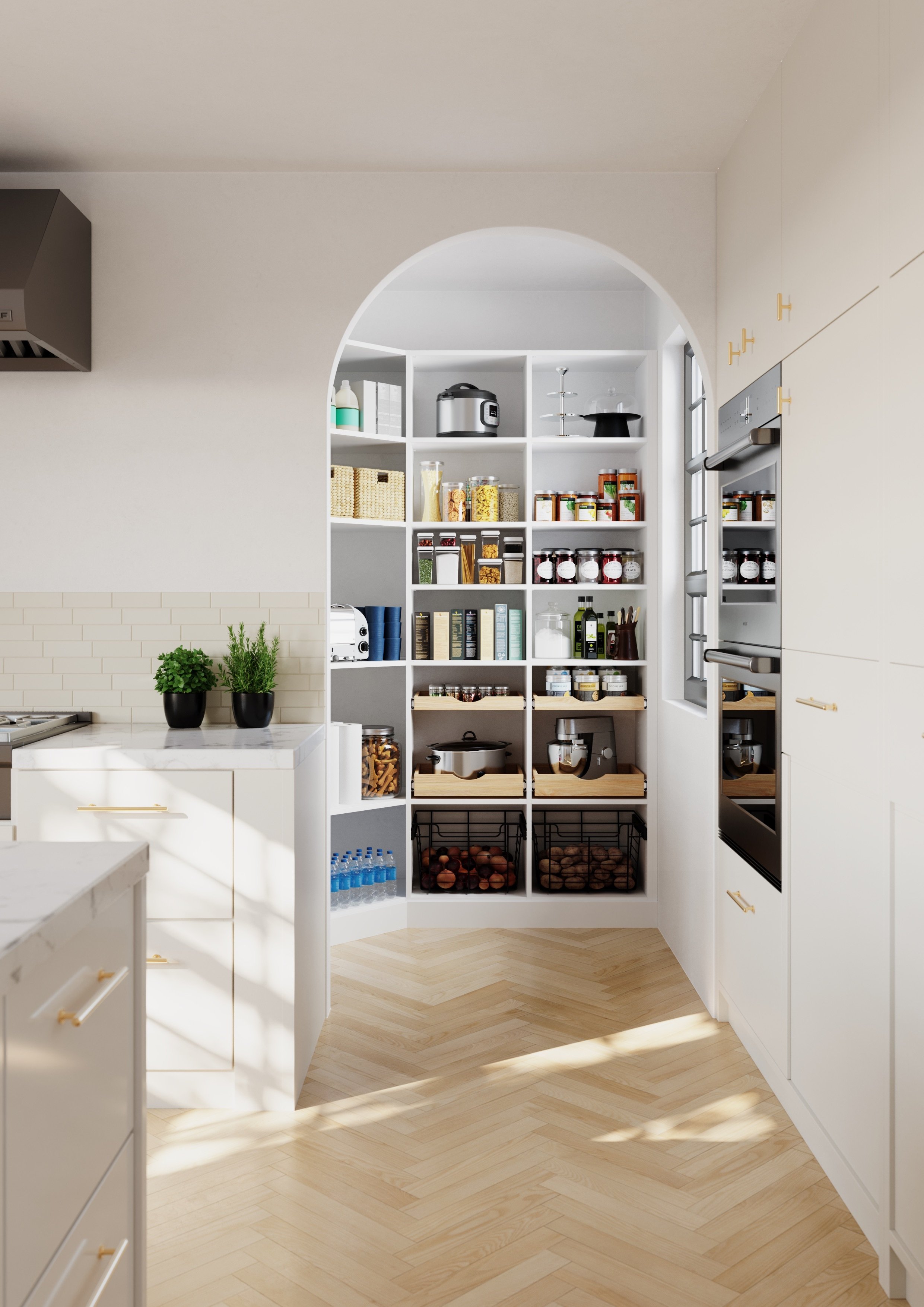 Kitchen with open pantry shelves filled with jars, cans, and pantry items, and sunlight casting shadows on light hardwood floors.