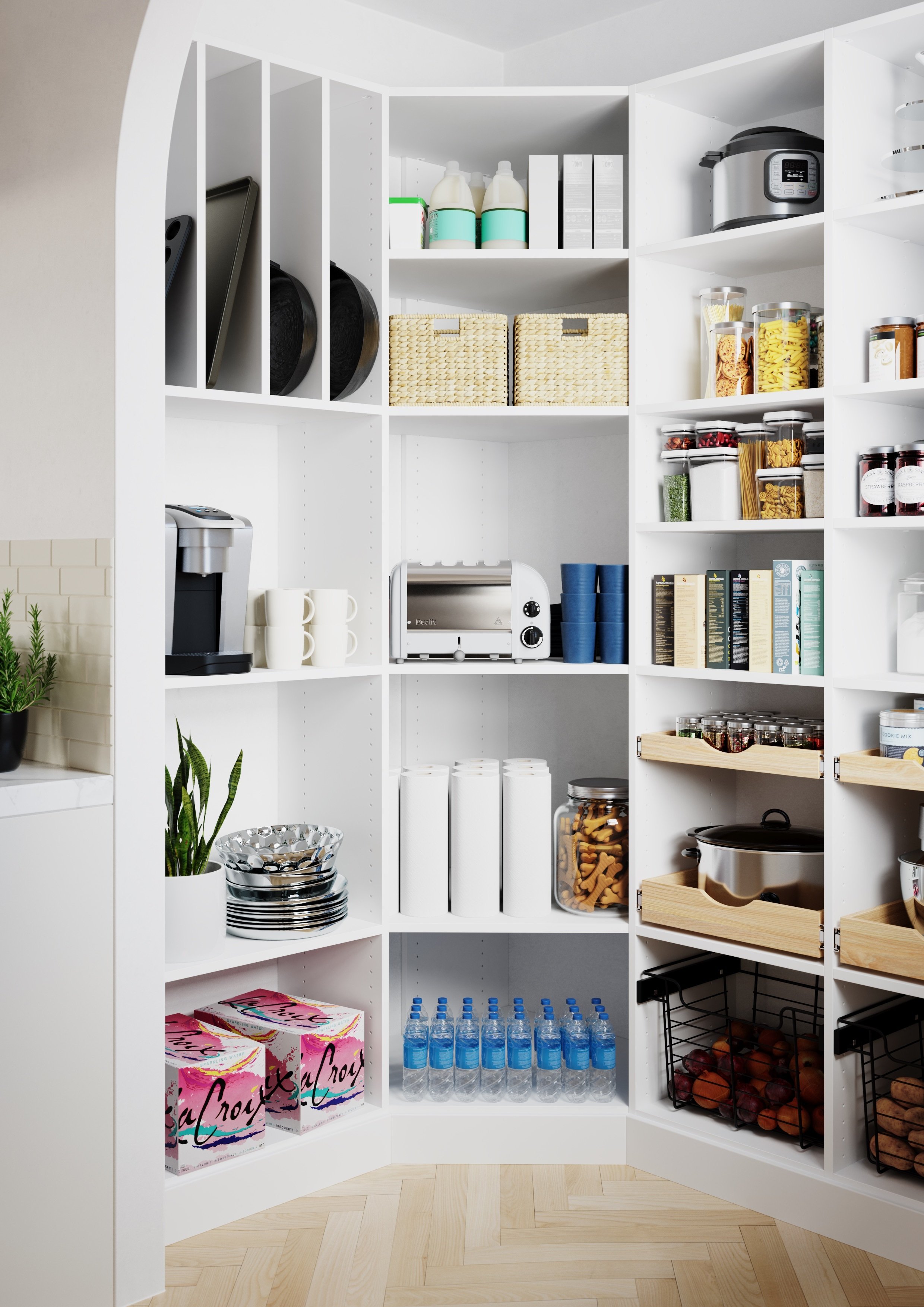 A white kitchen pantry with various food and kitchen supplies, including stacked bottles, baskets, food jars, a coffee maker, plates, water bottles, and pantry ingredients organized on shelves.