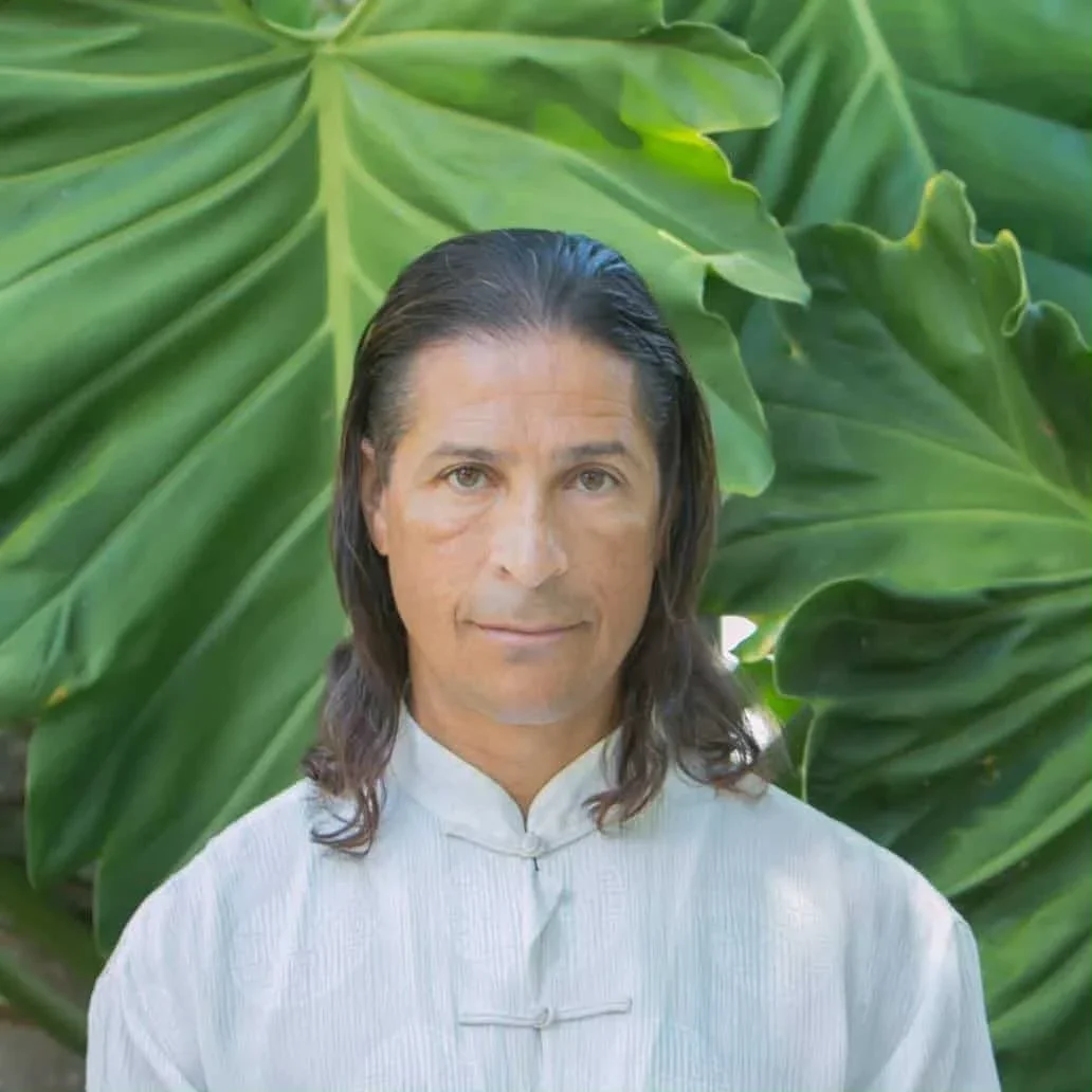 A person with long dark hair, wearing a white traditional Asian-style shirt, standing in front of large green tropical leaves.