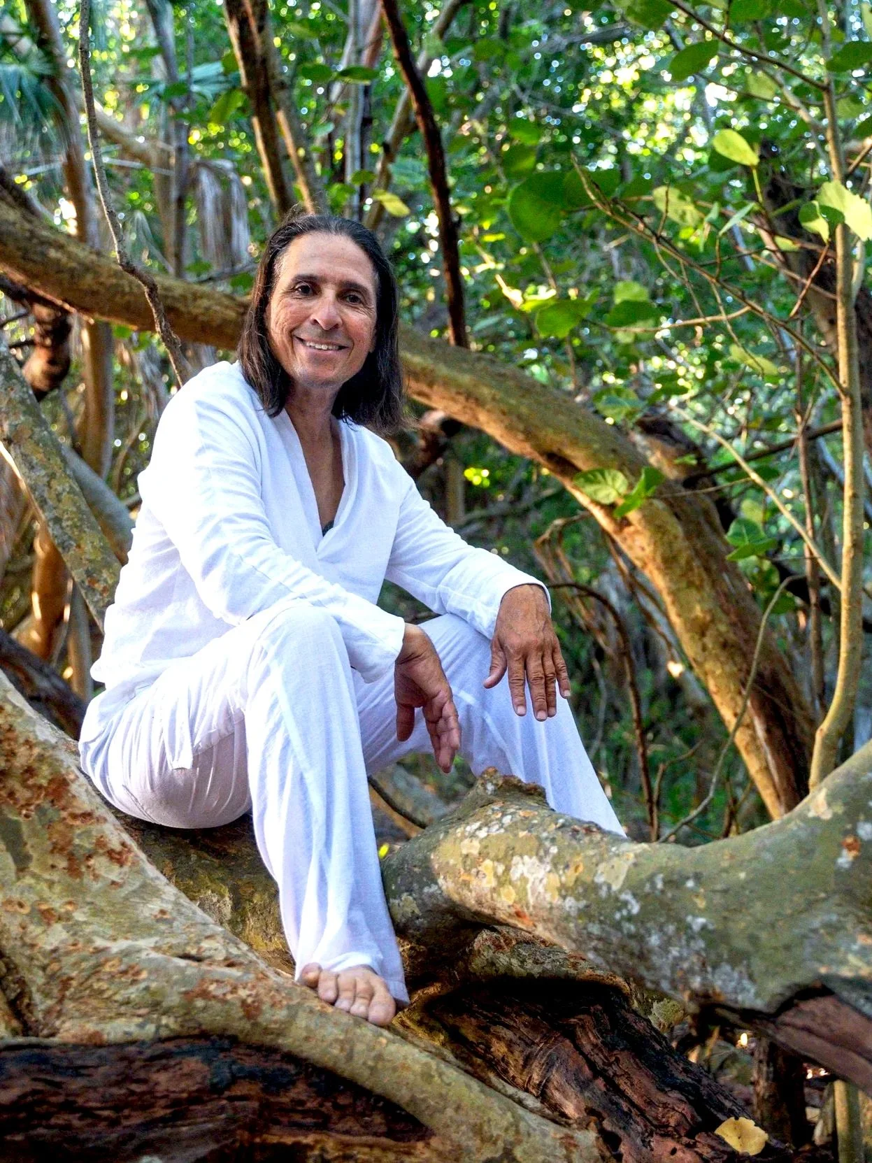 A man dressed in white clothes sitting on a large tree branch in a lush, green forest.