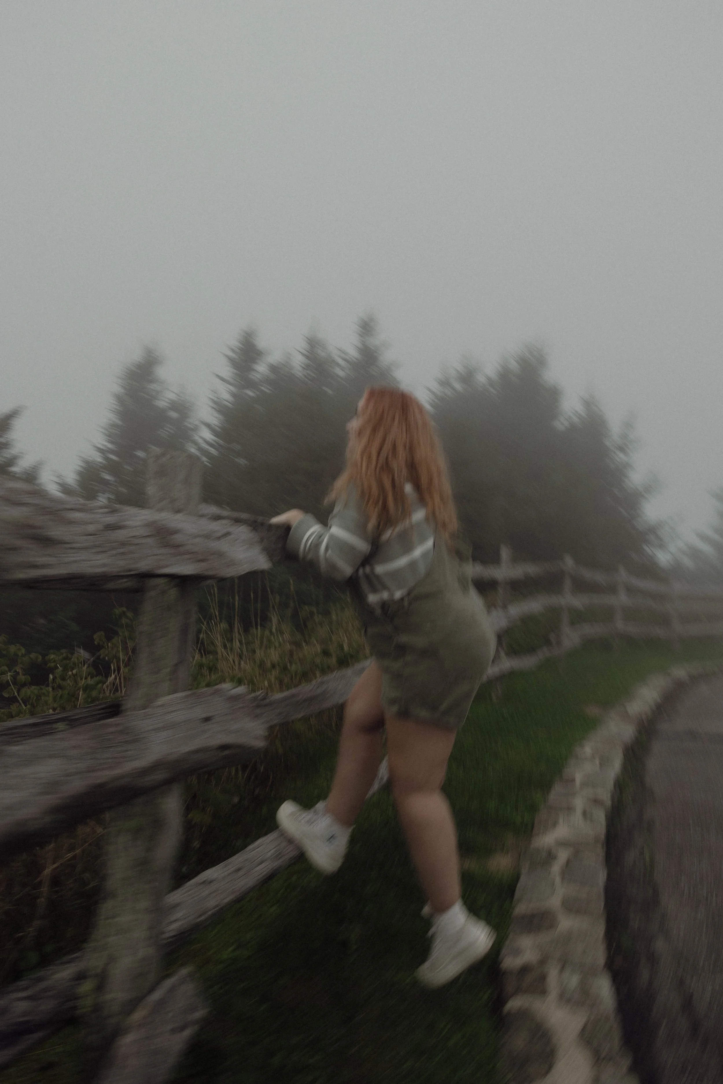 A person with red hair climbing over a wooden fence on a foggy day, with trees in the background.