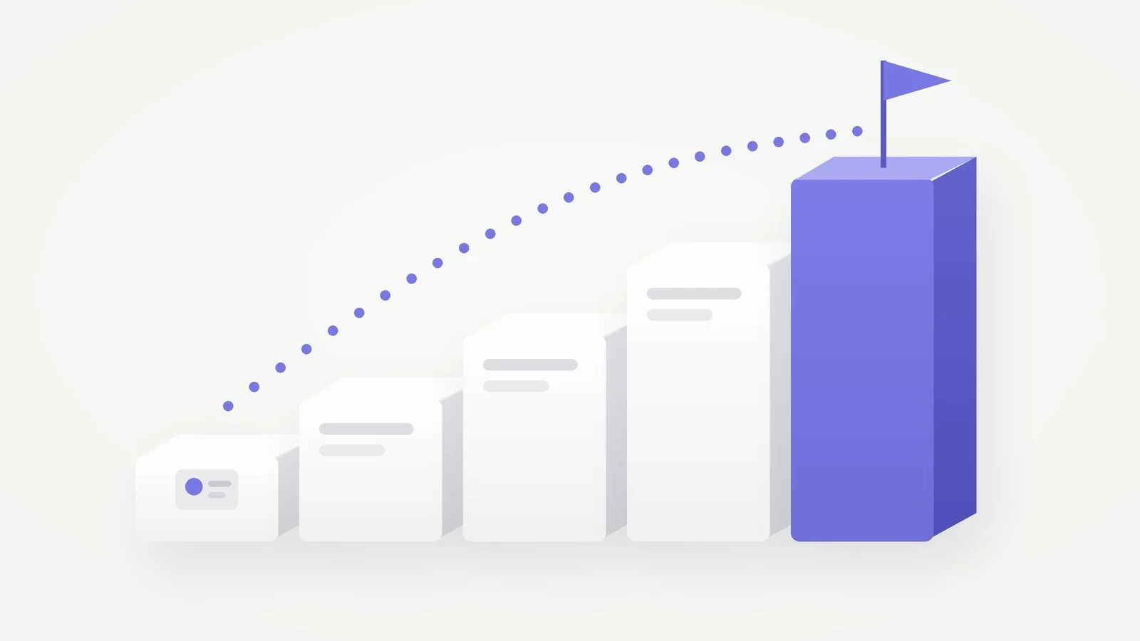 Steps rising from a small employee badge to a purple block with a flag, representing leaving your job to start an agency