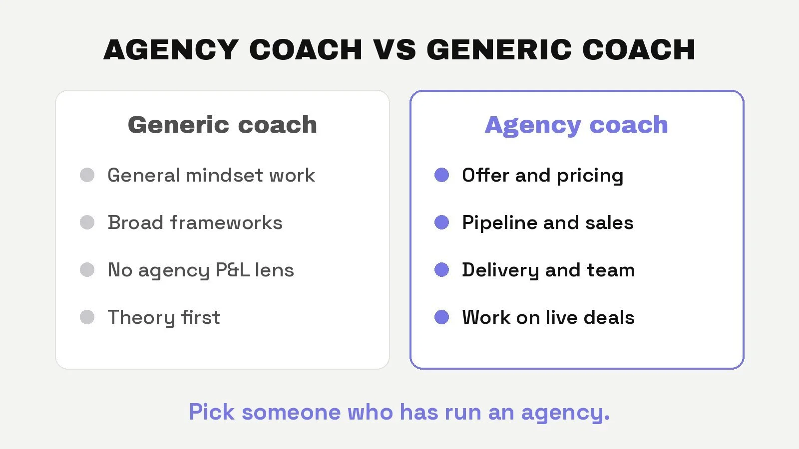 Agency coach vs generic business coach: offer, pipeline, delivery and live deals vs general frameworks
