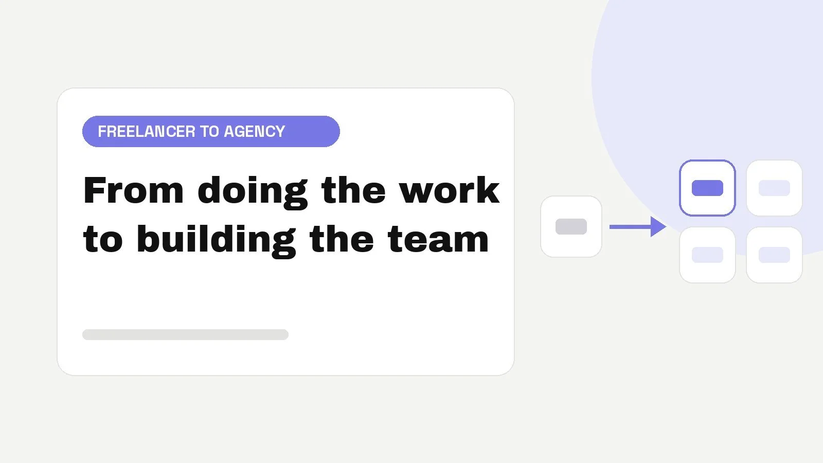 A single small card connected by an arrow to a grid of four cards, representing a freelancer growing into an agency with a team