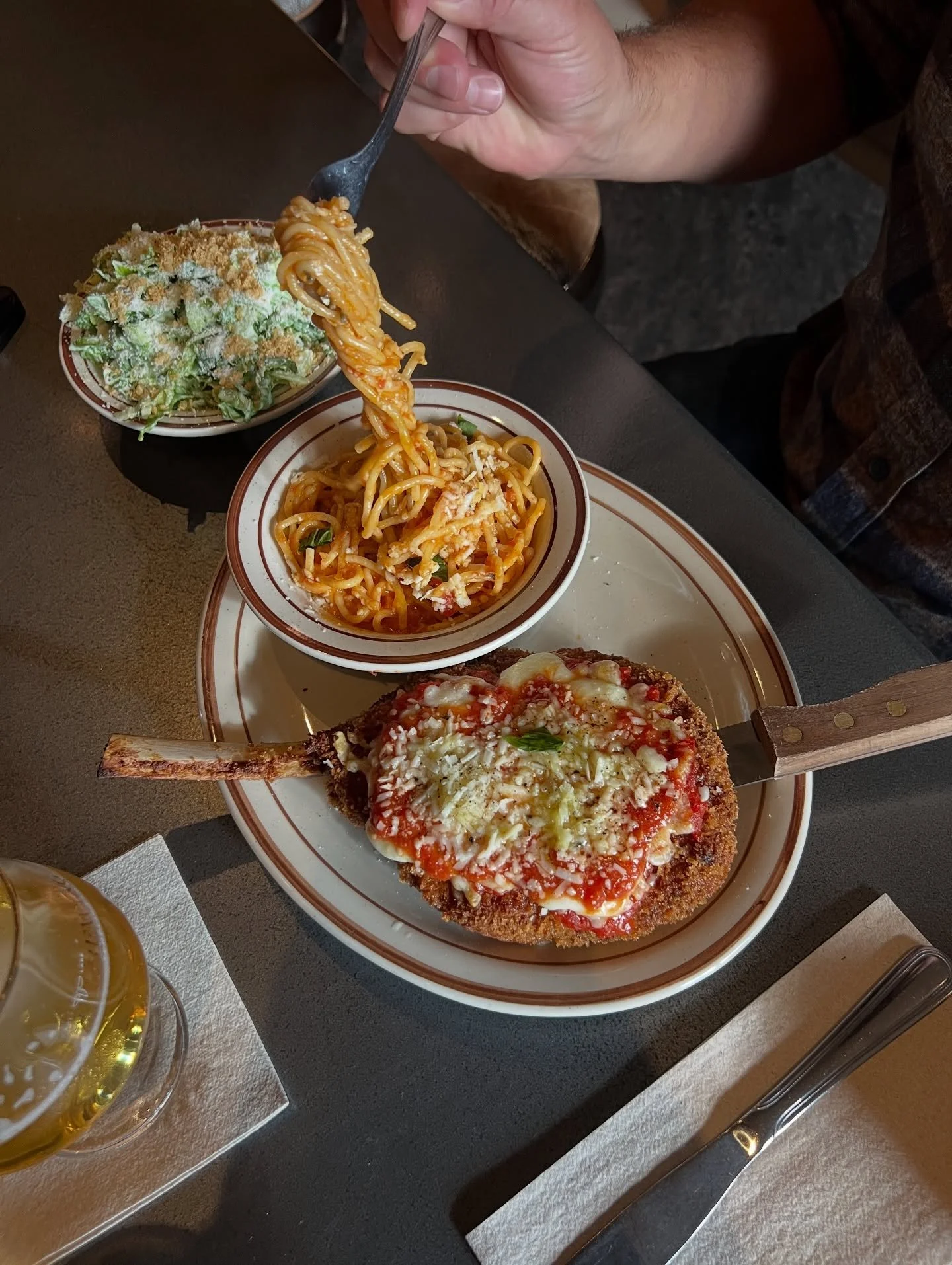 Lil&rsquo; Seezer&rsquo;s lil Caesar, spaghettone and Veal Chop Parm Combo Special - today only in very limited quantity 🥰 it&rsquo;s veally good.