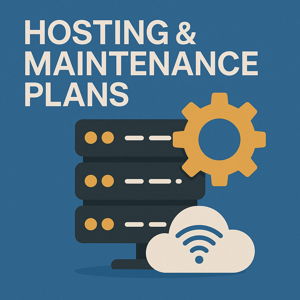 Graphic with text 'Hosting & Maintenance Plans', featuring icons of a server, a gear, and a cloud with Wi-Fi symbol