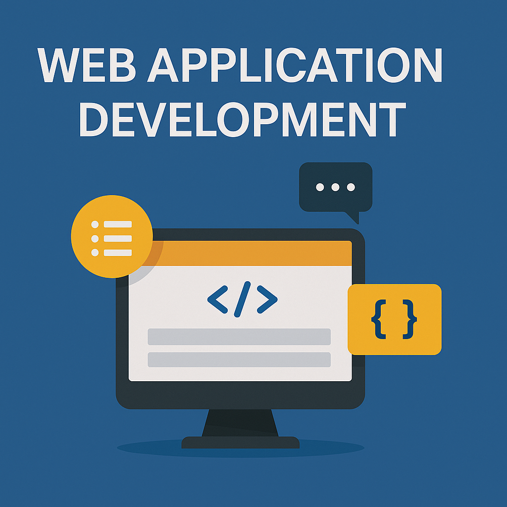Graphic of a computer monitor with code icons and symbols, with text 'Web Application Development' above.