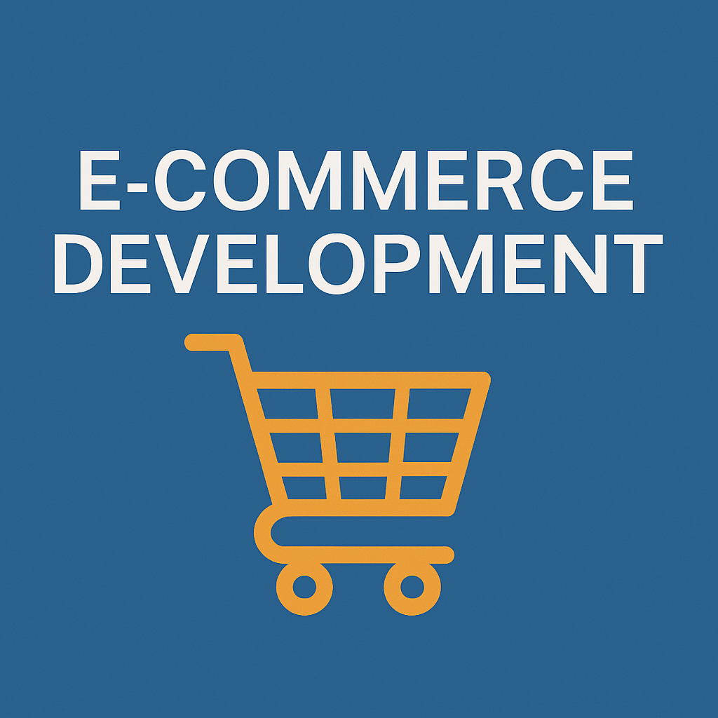 E-commerce development text with an orange shopping cart icon on a blue background.