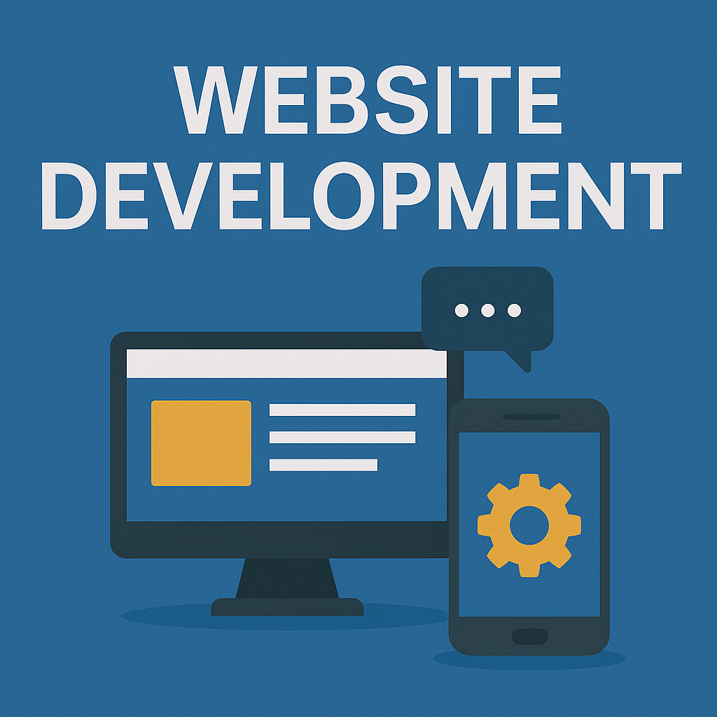 Illustration of a computer monitor and a smartphone with gear and chat icon, with the text 'Website Development' at the top.