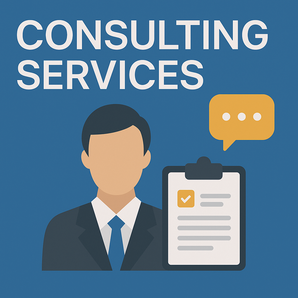 Graphic of a person in a suit with a clipboard, with the text 'Consulting Services' and a speech bubble.