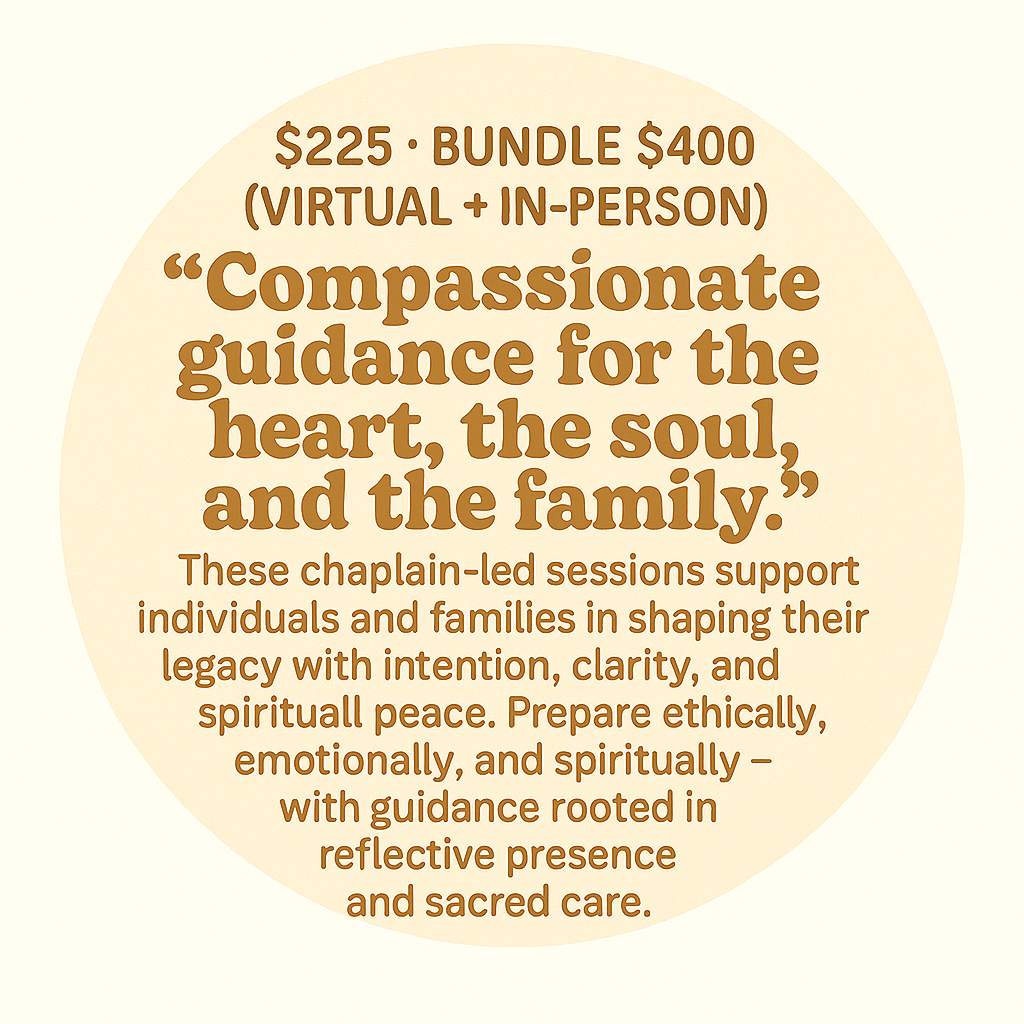 Text on a light beige circular background promoting a spiritual guidance service, including prices for virtual and in-person sessions, emphasizing compassion, legacy, and reflective care.