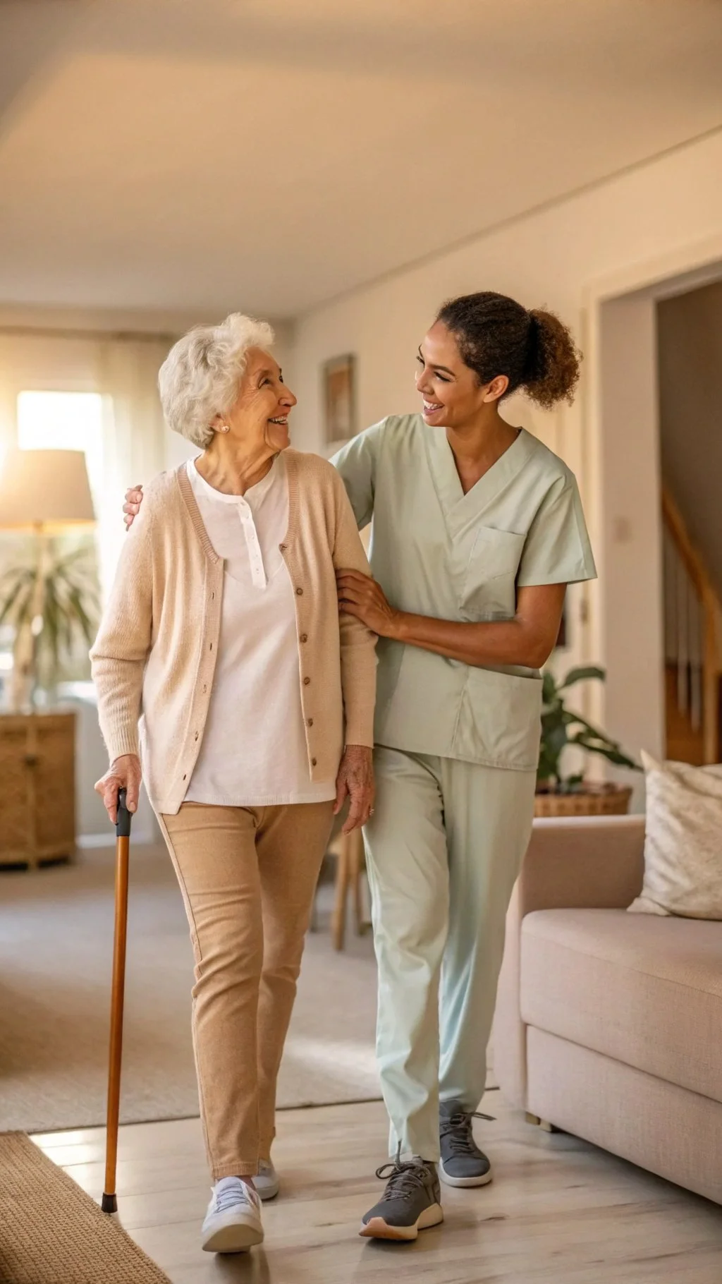 A young female healthcare worker in light green scrubs caring for an elderly woman with gray hair using a cane, both smiling and walking through a warmly lit living room.