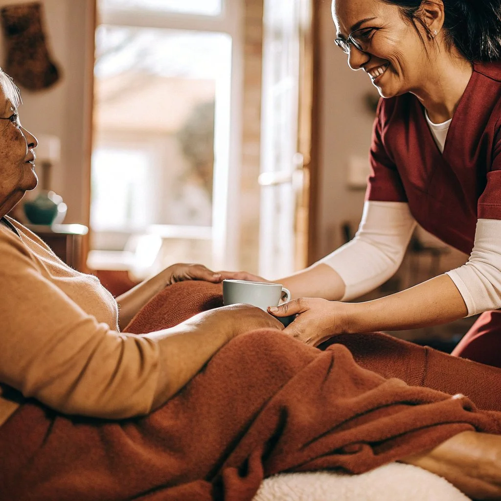 A caregiver giving a coffee mug to an elderly woman in a cozy, well-lit room with a bright window in the background.