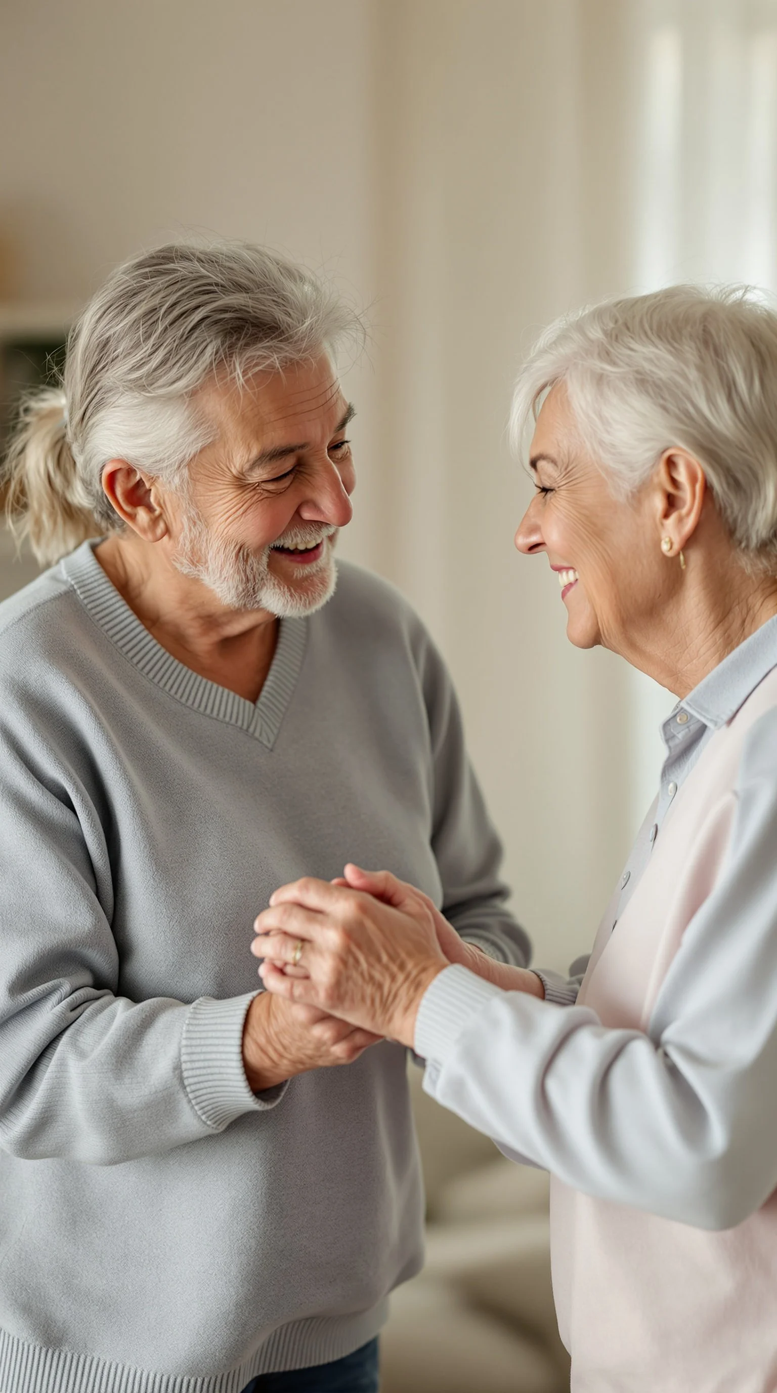 An elderly man and woman smiling and holding hands, facing each other in a warm, indoor setting.