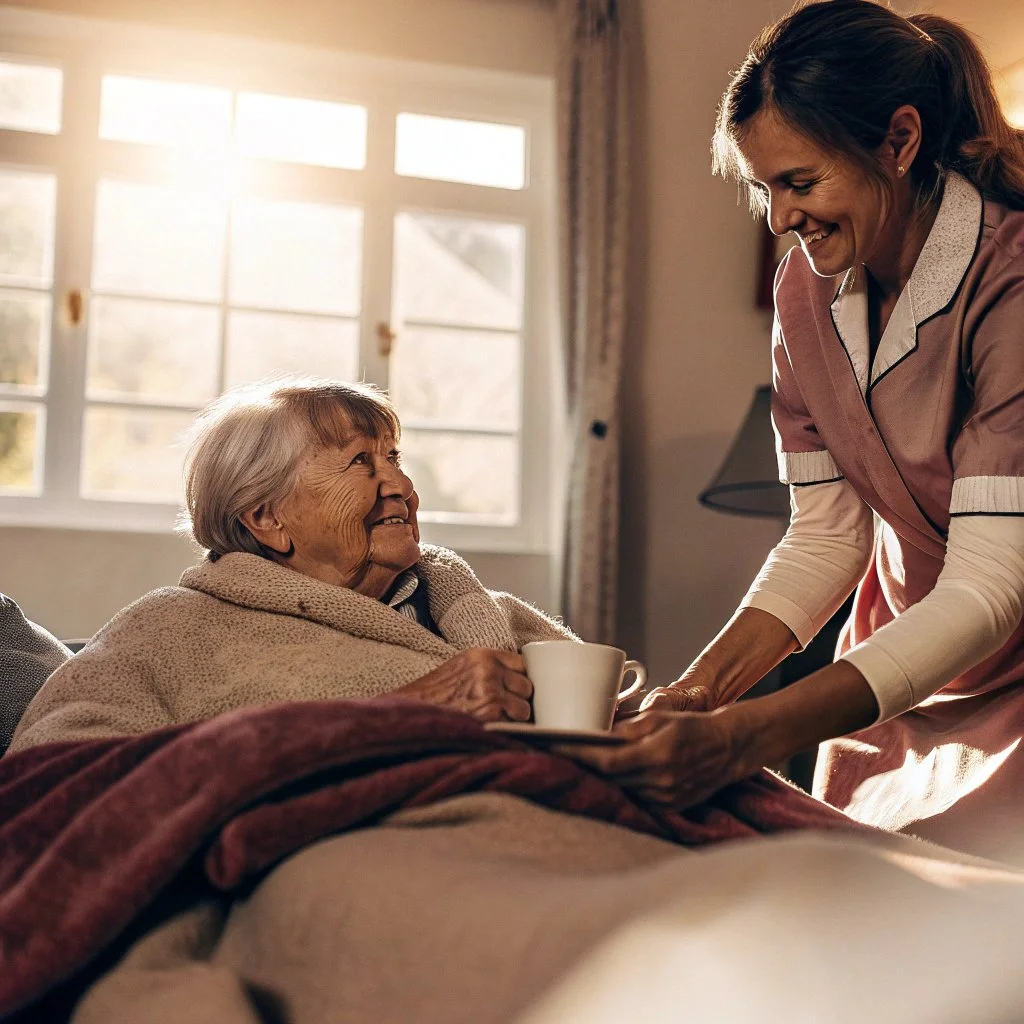 A young Care taker woman in a pink uniform offers a cup to an elderly woman in bed, smiling in a sunlit room.