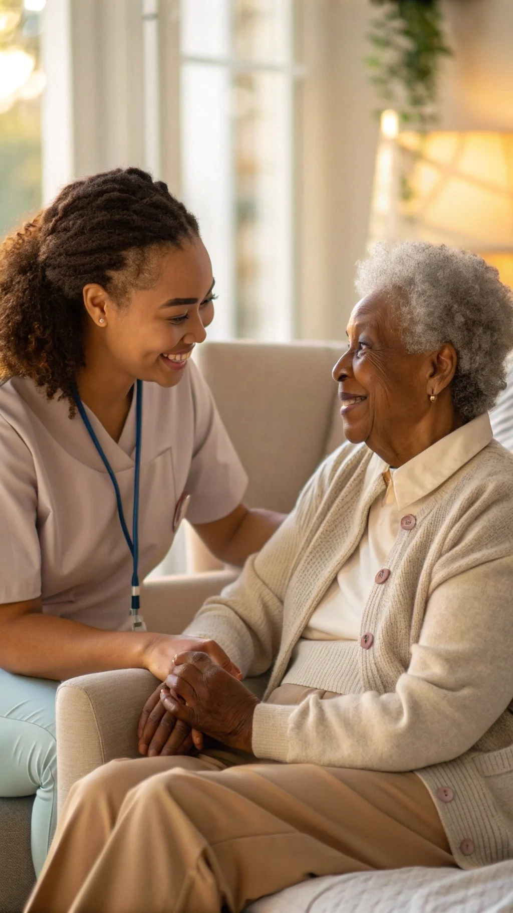 A young female nurse smiling at an elderly woman sitting on a sofa in a well-lit living room.