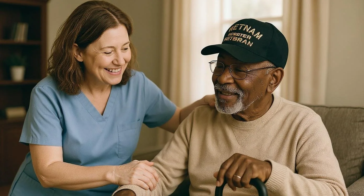 A healthcare worker smiling and talking with an elderly man who is sitting on a couch with a cane, in a cozy living room.