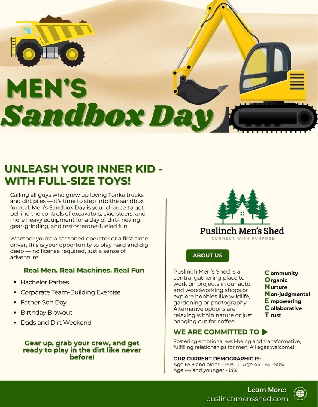 NEW EXPERIENCE ALERT: Men&rsquo;s Sandbox Day! 🚜

Ever dreamed of running real heavy equipment just for fun? Now&rsquo;s your chance.

Introducing Men&rsquo;s Sandbox Day - your hands-on experience where you and your crew can operate heavy machinery