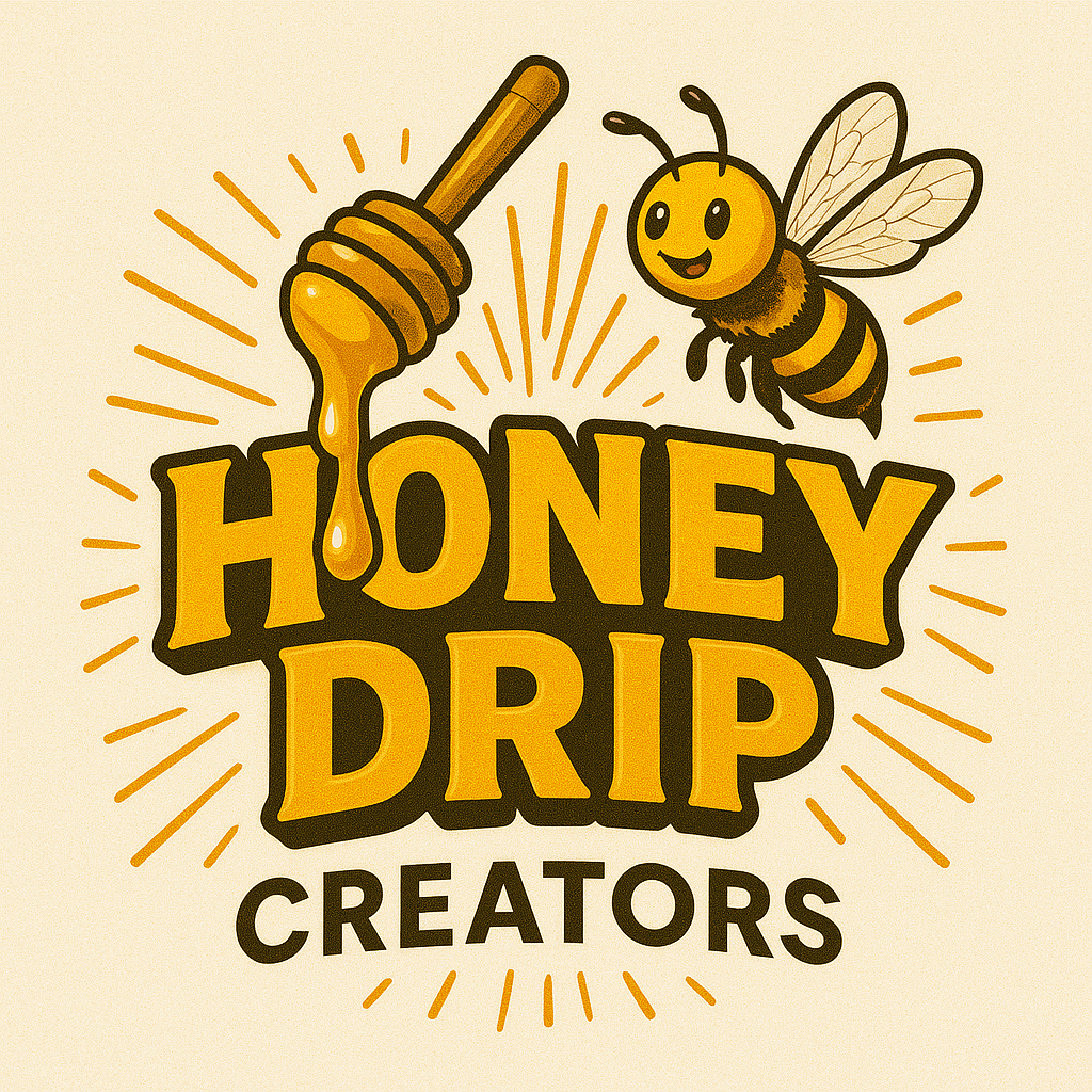 A logo that features a honey dipper dripping honey, a smiling bee, and the text "HONEY DRIP CREATORS" in bold, yellow font with black outline, surrounded by radiating lines.
