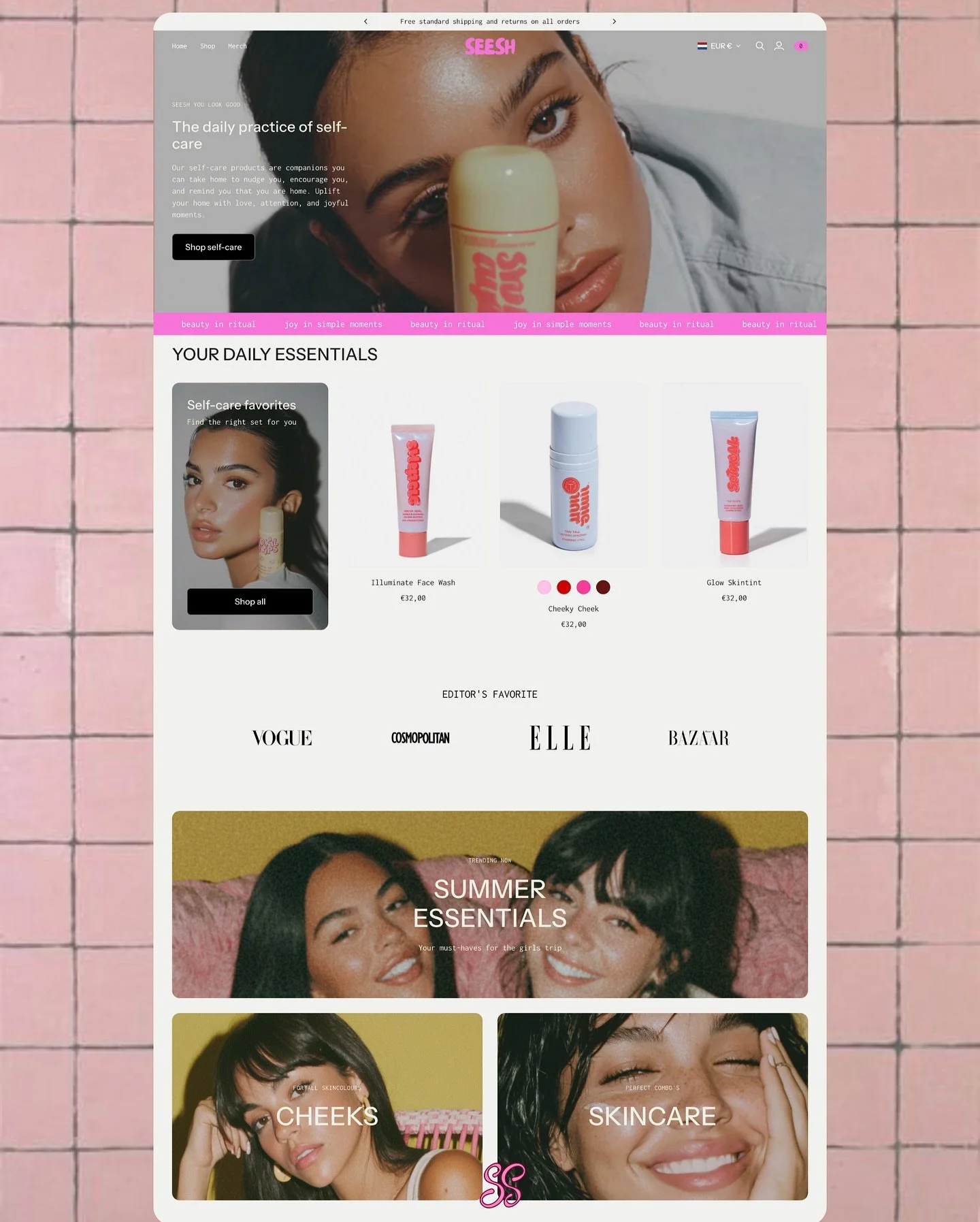 Passion Project Serie: Seesh 🩷
Seesh = ✨90&rsquo;s beauty magazine vibes✨
 Voor dit project heb ik een webshop + e-mail design ontworpen. Ik wilde die uitgesproken 90&rsquo;s attitude terugbrengen: roze accenten, girly skincare/make-up en retro camp