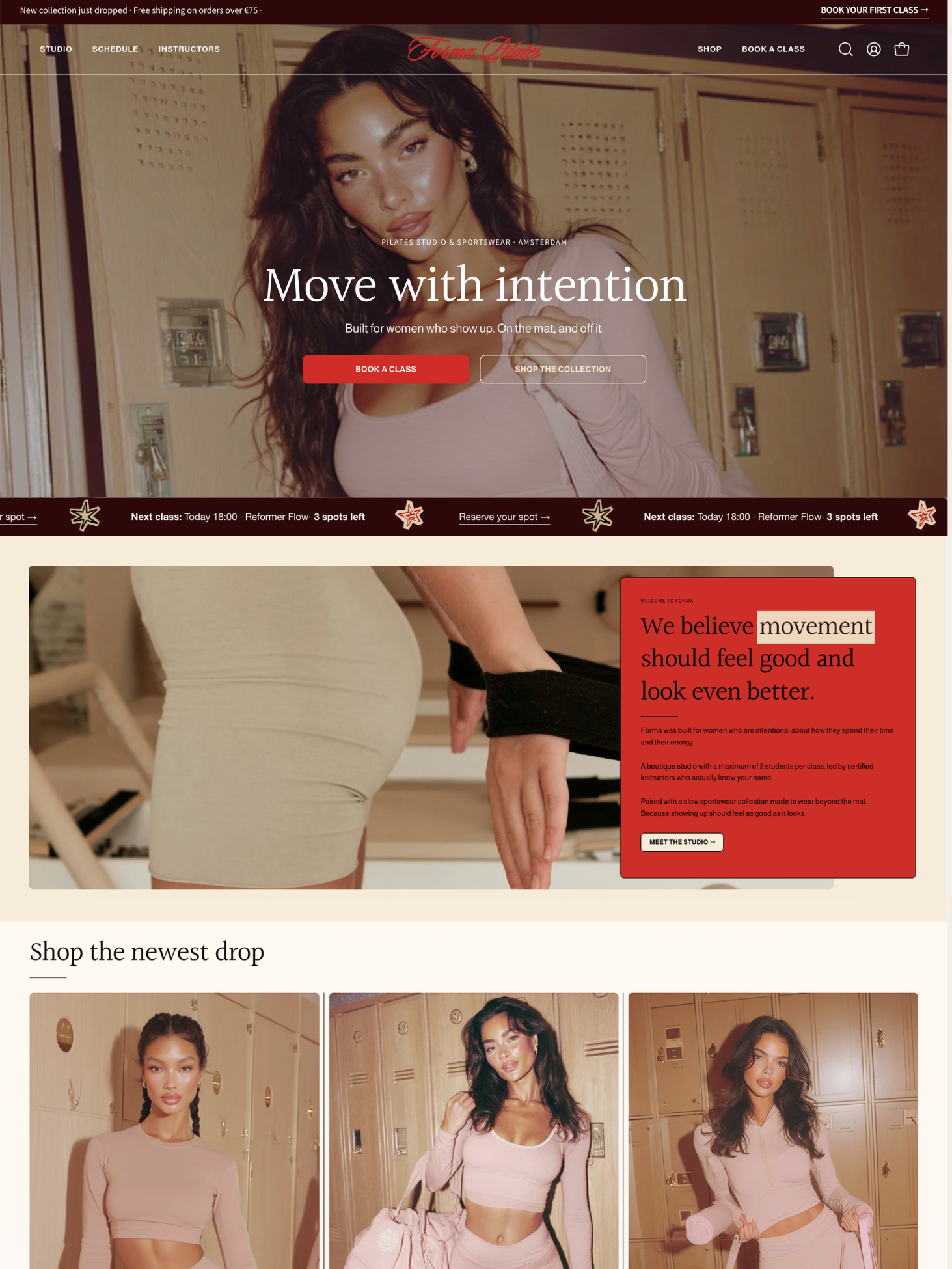 Pilates studio webshop homepage met model in sportkleding en sporttas