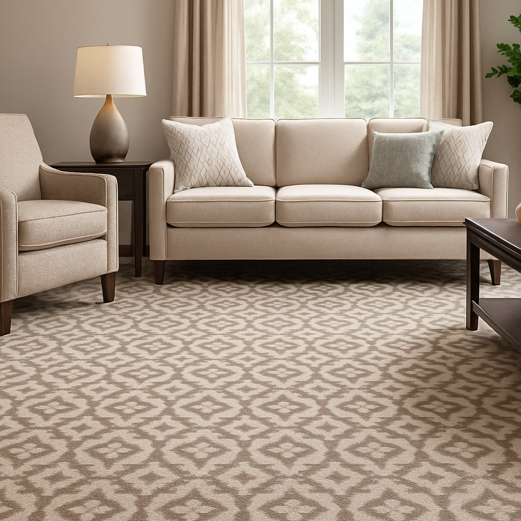 Luxury apartment interior featuring custom pattern carpet installed by Craven Carpet, combining upscale design with comfort and durability.