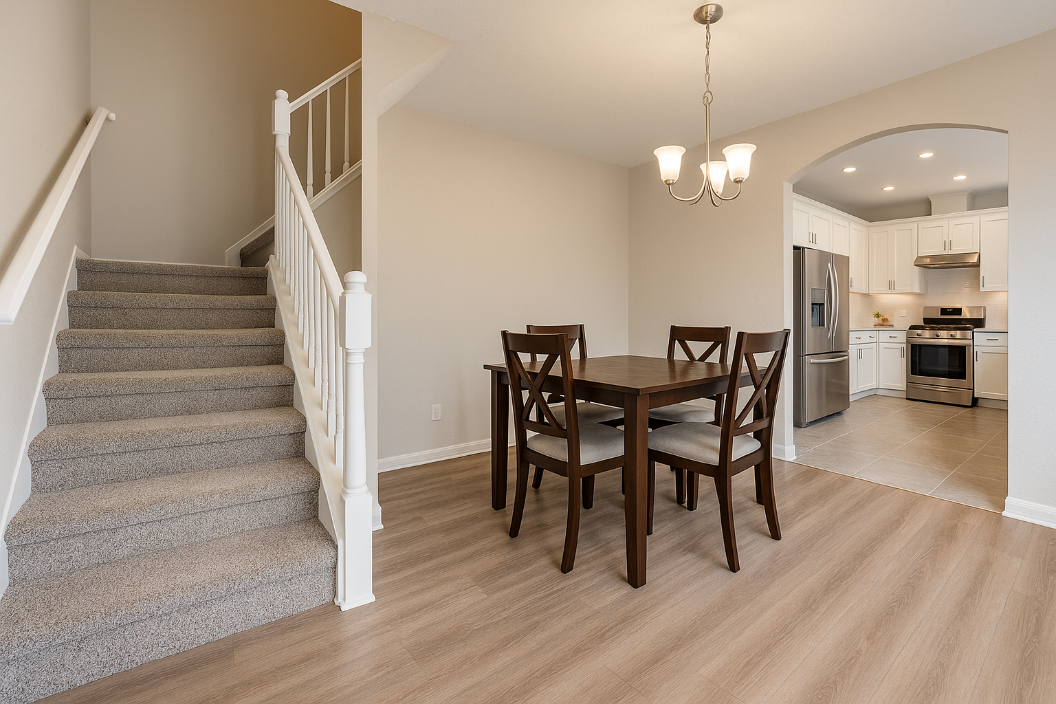 Basic apartment stairwell with dining area and kitchen in view, showcasing carpet, vinyl plank, and tile flooring installed by Craven Carpet.