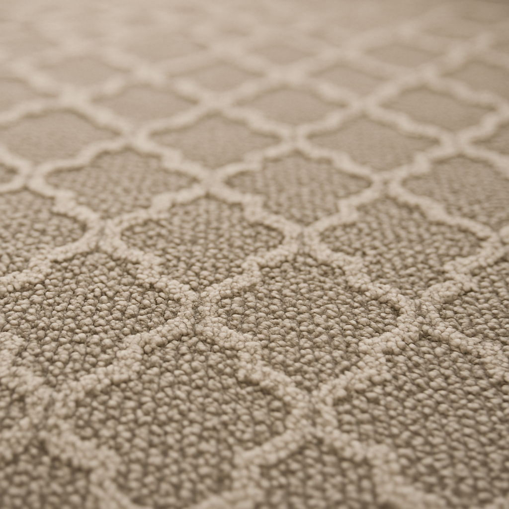 Close-up view of custom carpet installed by Craven Carpet, highlighting detailed pattern, texture, and high-quality craftsmanship.