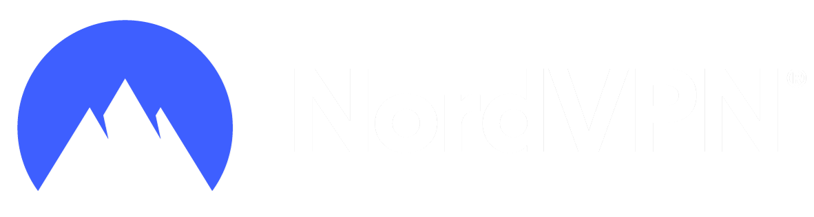 NordVPN logo with a blue circle containing white mountain peaks, and the word 'NordVPN' in black text.