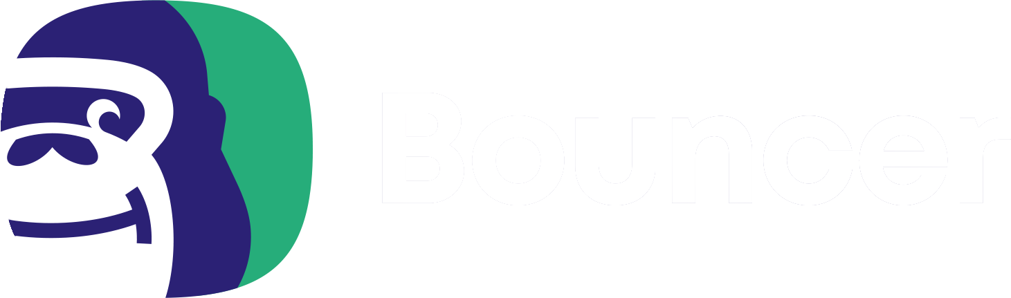 Logo of Bouncer app with a stylized gorilla face and the word 'Bouncer' in bold letters.