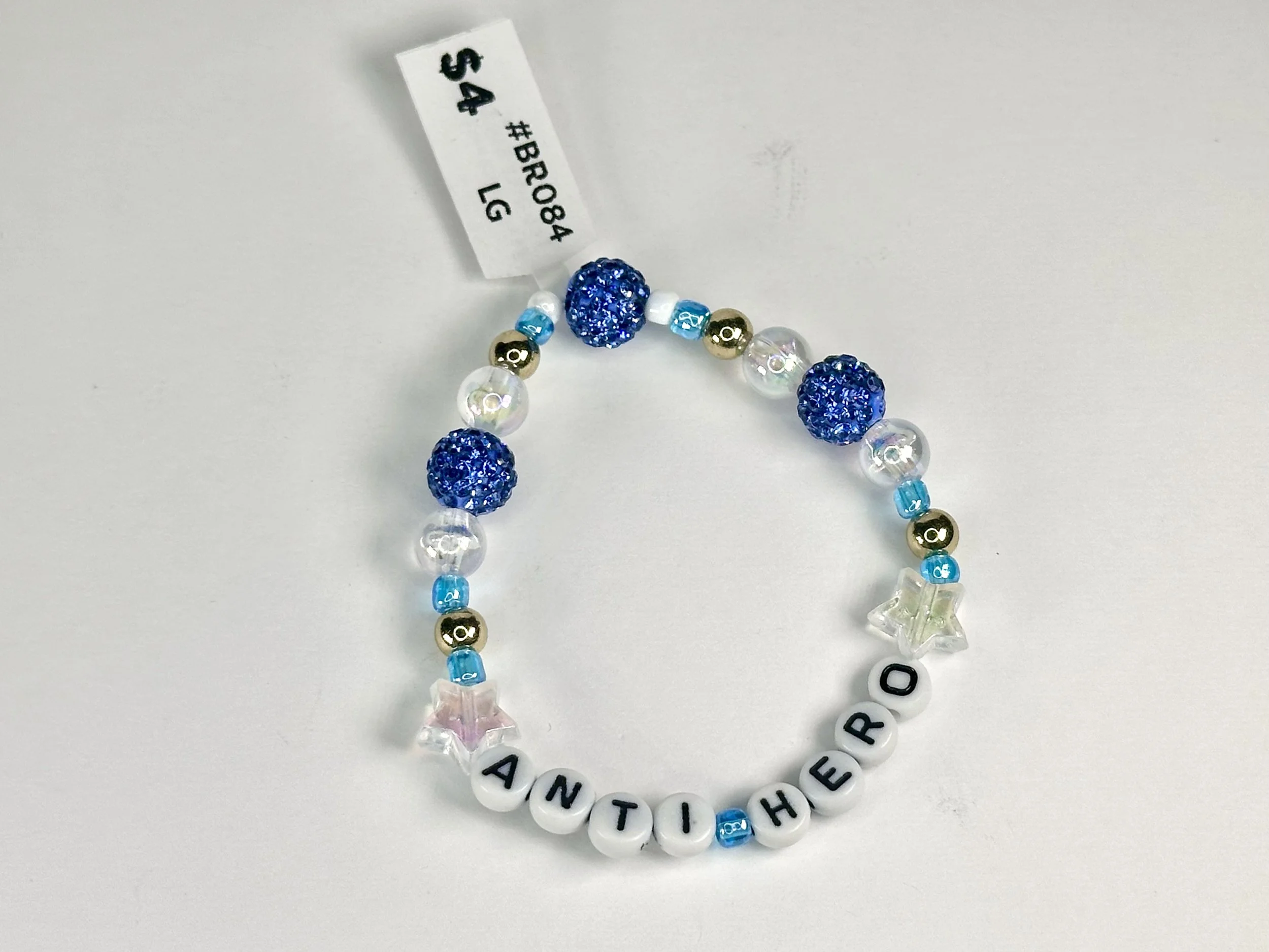 Large "Anti Hero" Blue & Gold Beaded Stretch Bracelet | Acrylic Beaded Bracelet