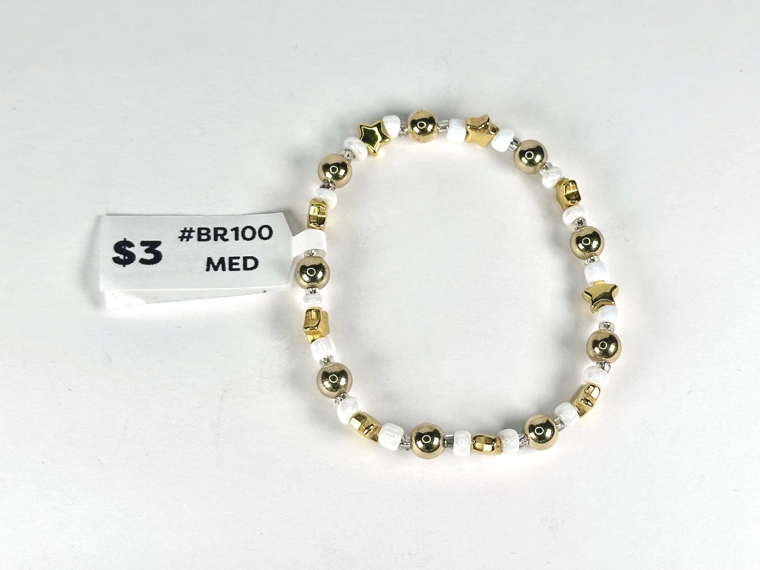 Medium White & Gold Stars Beaded Stretch Bracelet | Seed and Acrylic Bead Bracelet