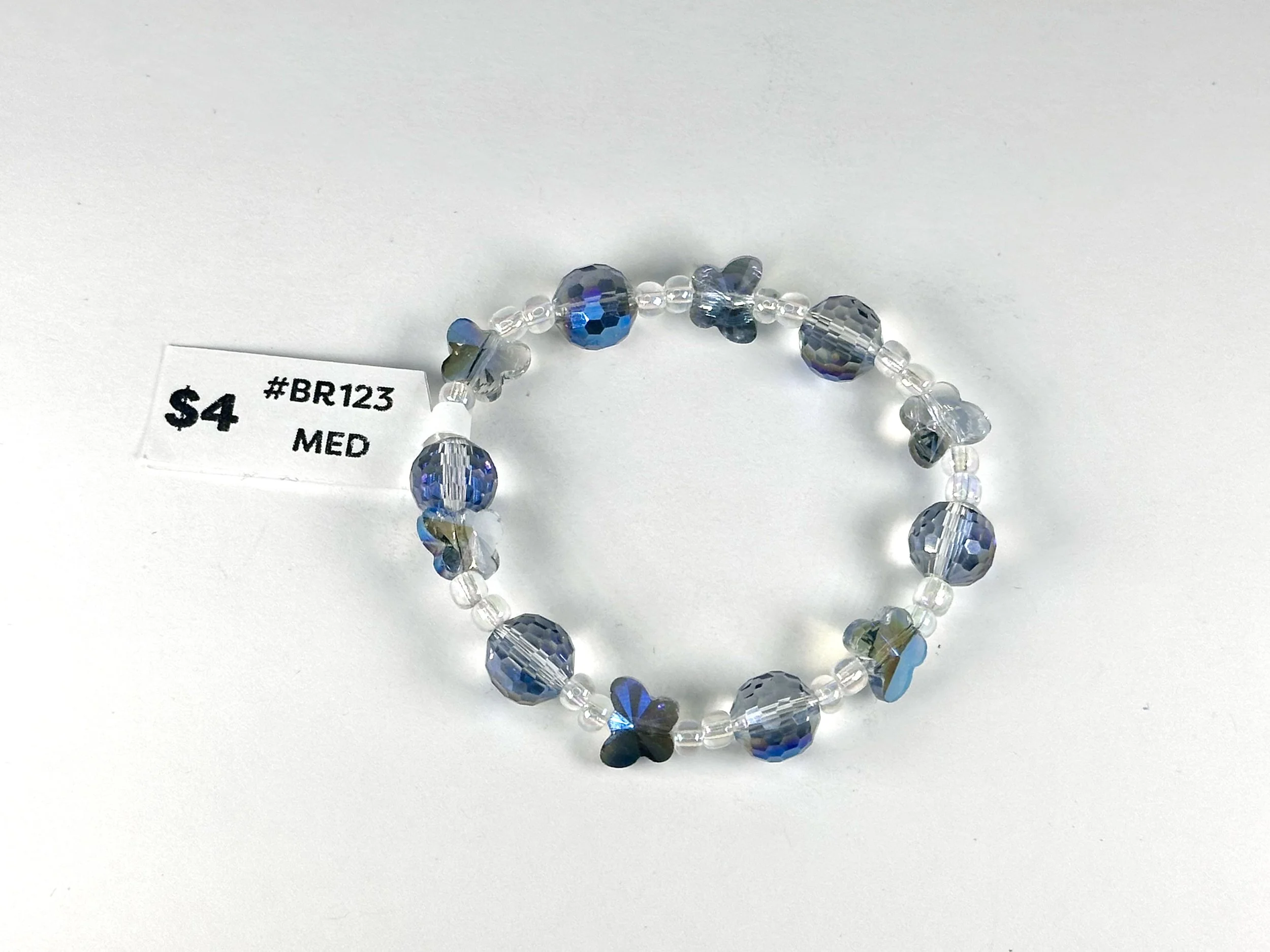 Medium Blue Butterfly & Clear Beaded Stretch Bracelet | Acrylic Glass Bead Bracelet